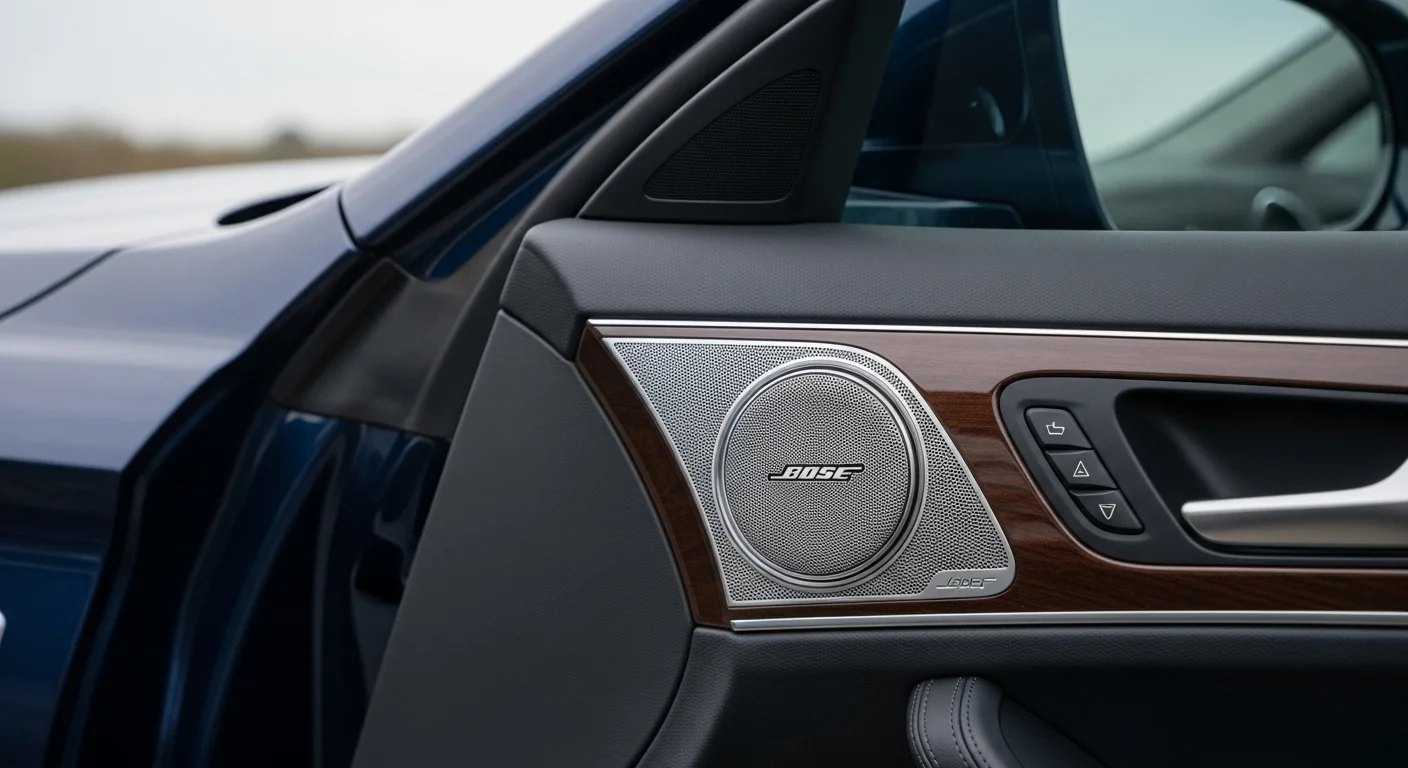 Primer plano de una bocina Bose para auto instalada en la puerta de un vehículo de alta gama, mostrando la calidad de los materiales y el logo de la marca