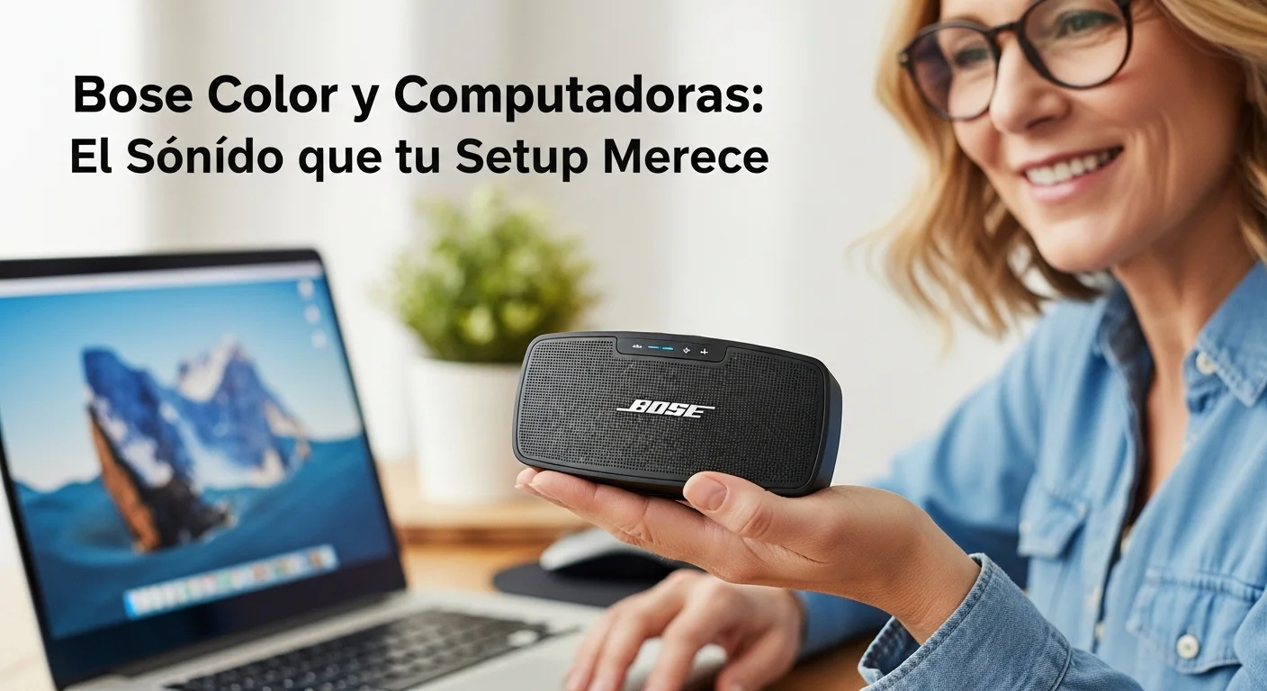 Una persona sosteniendo una bocina Bose SoundLink Color II en color negro con una laptop de fondo, destacando la portabilidad y sinergia con computadoras portátiles.