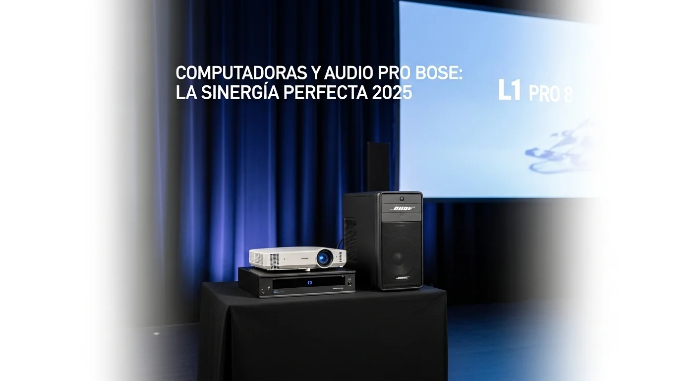 Sistema de audio Bose L1 Pro 8 instalado junto a un proyector y una pantalla en un evento corporativo, mostrando la sinergia con computadoras