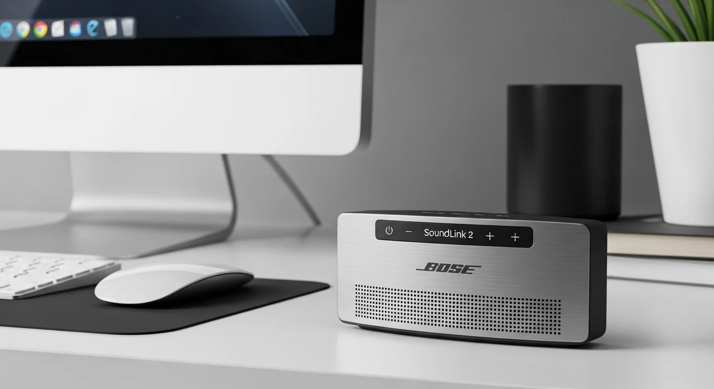 Detalle de los botones y la construcción de aluminio de la bocina Bose SoundLink Mini 2, destacando su calidad y diseño para tecnología y oficina