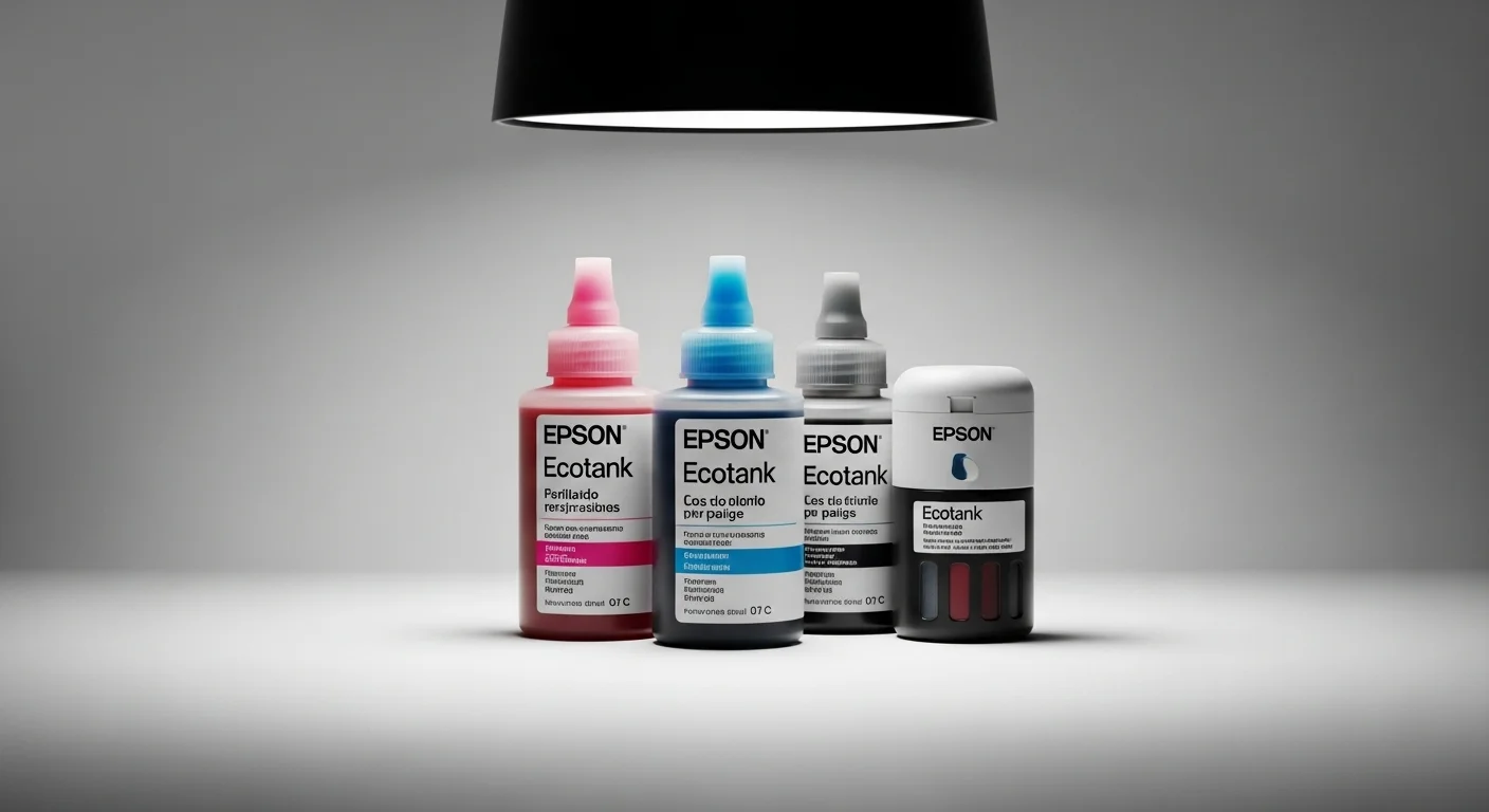 Primer plano de las botellas de tinta de colores de Epson Ecotank, destacando el sistema de recarga fácil y el bajo costo de los consumibles en comparación con los cartuchos.