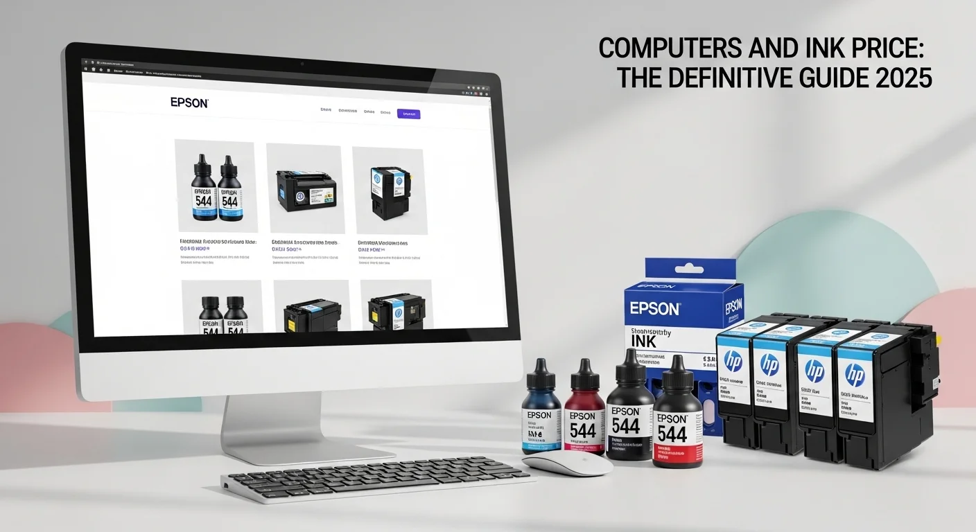 Comparativa del tinta precio mostrando botellas de tinta Epson 544 y cartuchos para impresora HP sobre un escritorio con tecnología