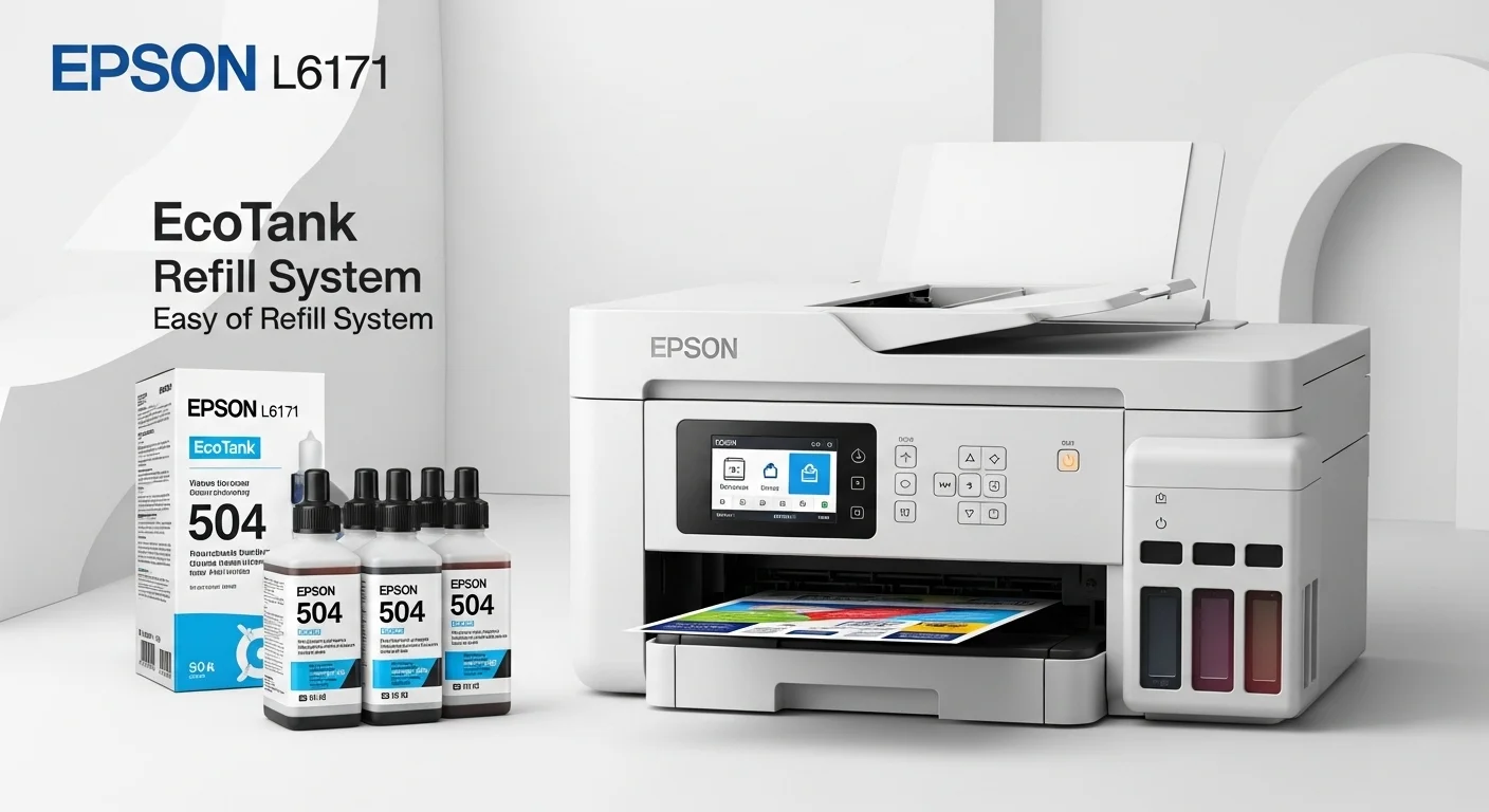 Set de botellas de tinta Epson 504 para la impresora Epson L6171, destacando el sistema de recarga fácil y económico EcoTank.