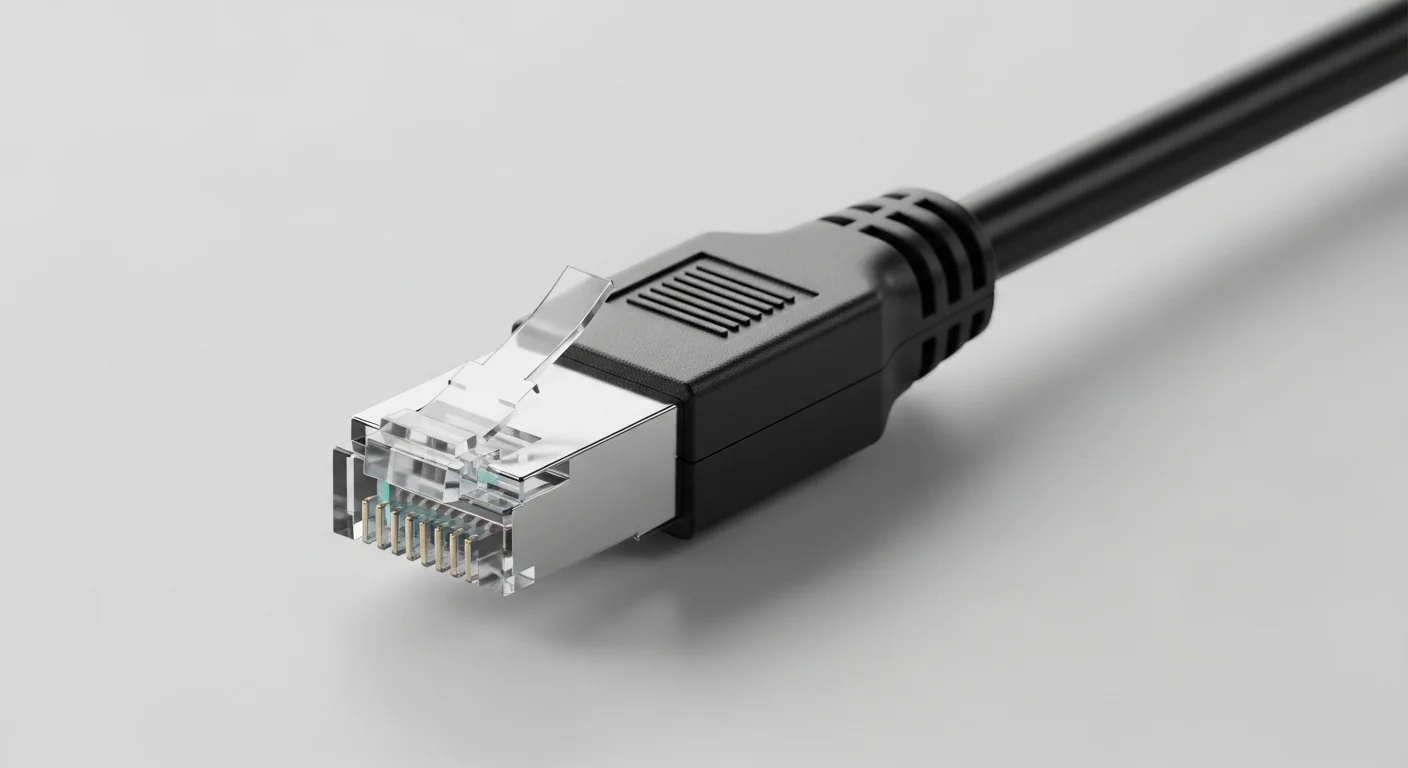 Un primer plano de un cable de modem a pc, mostrando el conector Ethernet RJ-45 listo para ser conectado a una computadora.