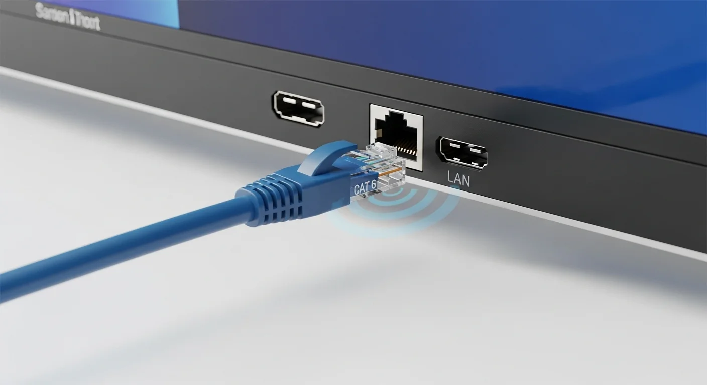 Un primer plano de un cable Ethernet Cat 6 de alta calidad conectado al puerto LAN de un Smart TV, simbolizando una conexión a internet estable.