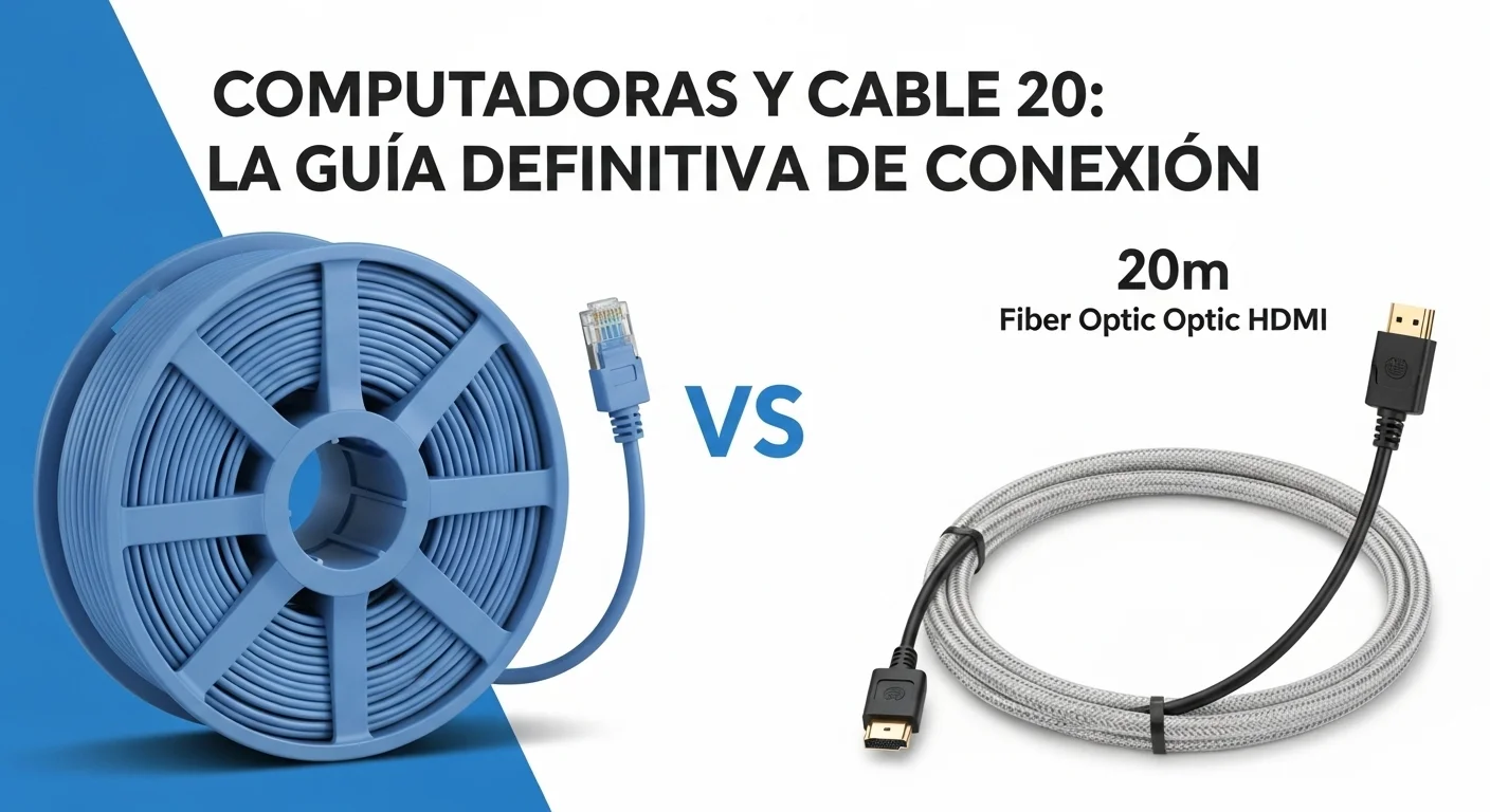 Comparativa visual entre un carrete de cable ethernet 20 metros y un cable hdmi de fibra óptica de 20 metros, demostrando las diferencias para conectar computadoras.