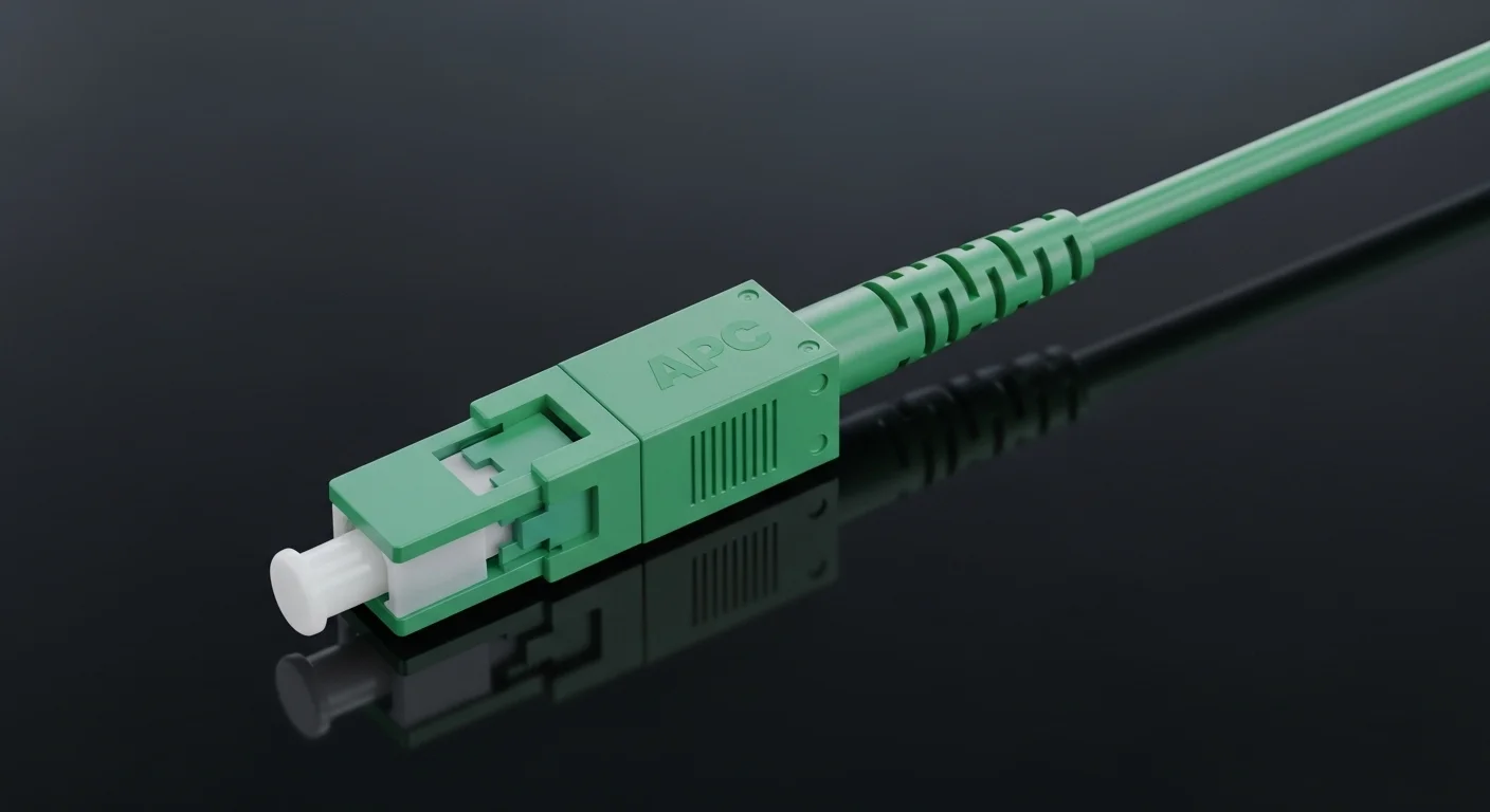 Primer plano de un conector de cable de fibra optica tipo APC de color verde, mostrando la tecnología precisa para la conexión a un modem para fibra optica.