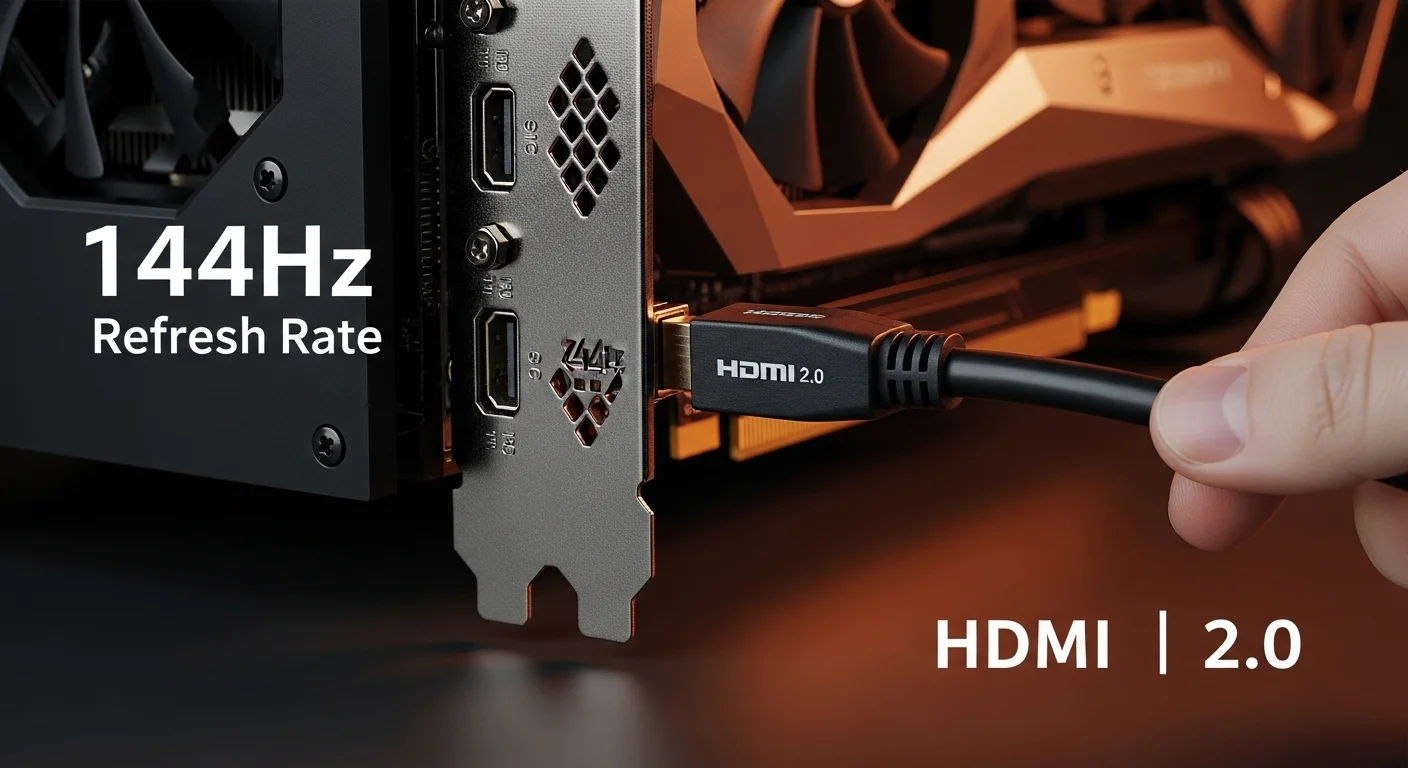 Un primer plano de un cable HDMI 2.0 de alta velocidad siendo conectado a un puerto de una tarjeta gráfica de una computadora para gaming, listo para 144Hz.