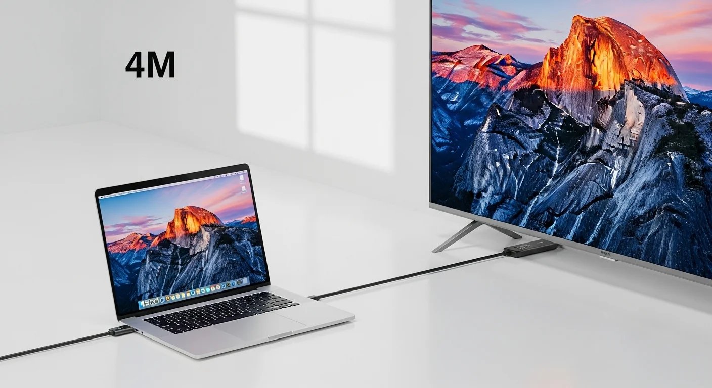 Un cable HDMI 4 metros de alta calidad conectado a un moderno televisor 4K y a una laptop, mostrando una imagen nítida y colorida, representando la conectividad de alta definición.