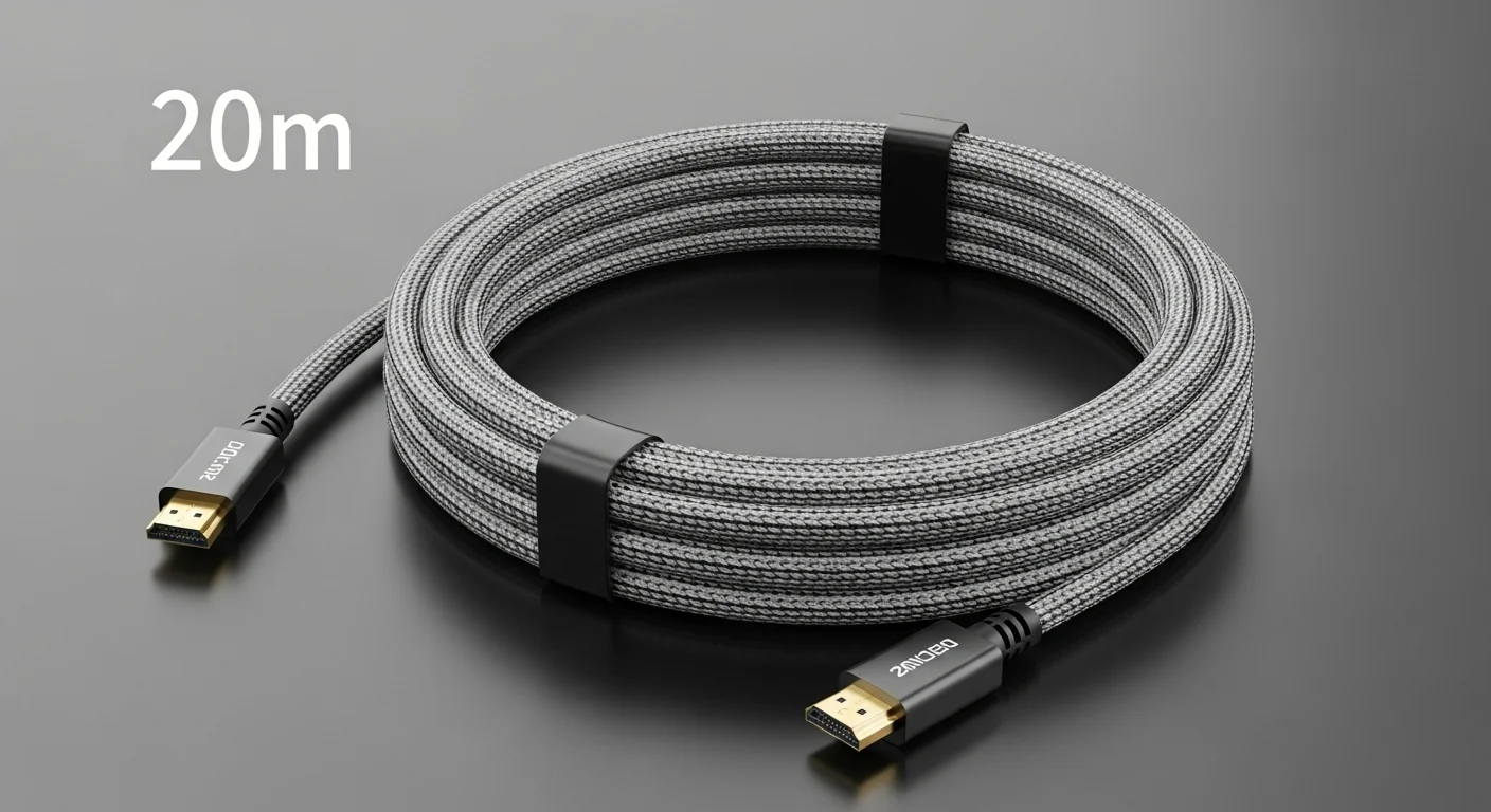 Un cable HDMI de fibra óptica de 20 metros enrollado, destacando su delgadez y los conectores dorados, ideal para instalaciones profesionales de largo alcance en computadoras y proyectores.