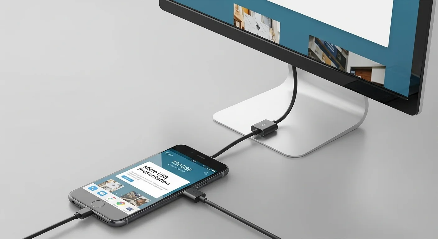 Un cable adaptador micro usb a hdmi conectando un smartphone a un monitor de computadora para una presentación