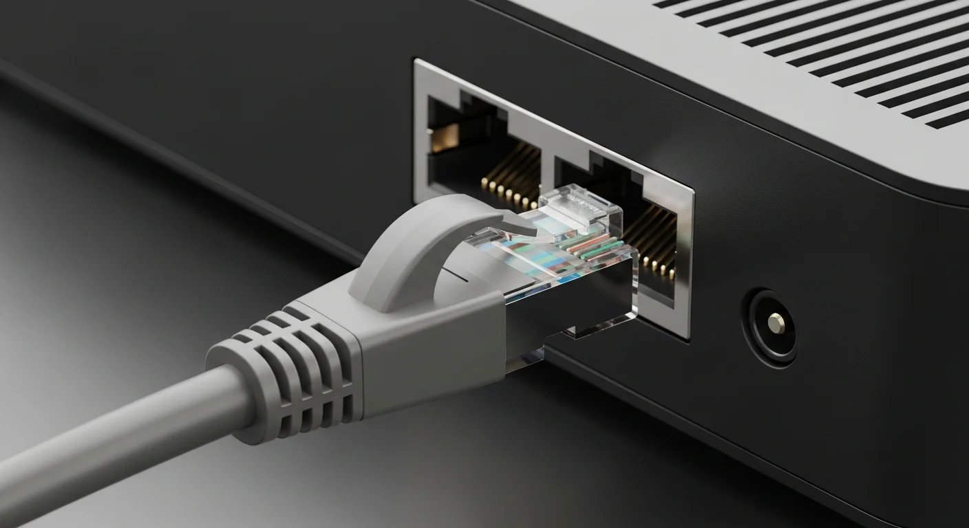 Un primer plano de un cable para modem internet de alta calidad, tipo Ethernet Cat 7, conectado al puerto de un módem, destacando la importancia del hardware.