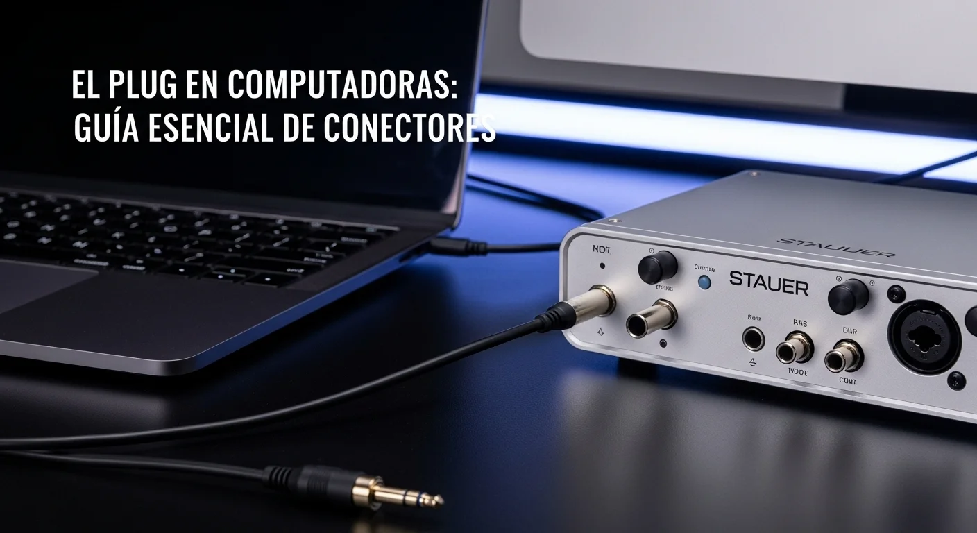 Un cable de plug a plug de 6.3mm conectado a una interfaz de audio profesional junto a una computadora para grabación musical.