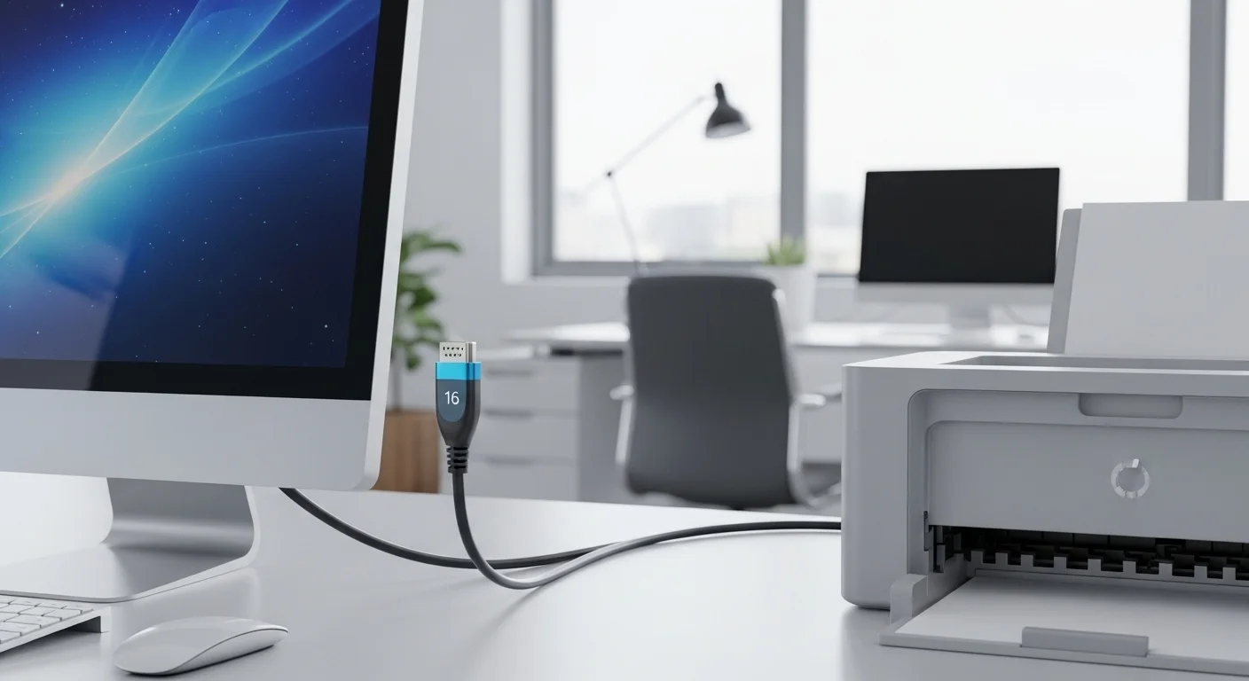 Primer plano de un cable pot 16 conectado a un monitor y a una impresora en un entorno de oficina, mostrando su aplicación práctica.