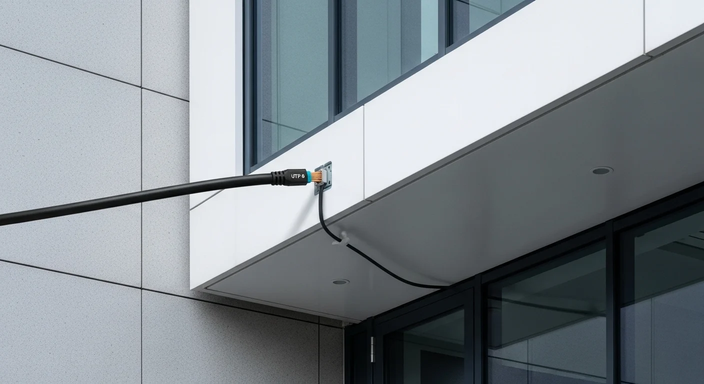 Instalación de un cable utp cat 6 exterior de color negro en la fachada de un edificio tecnológico.