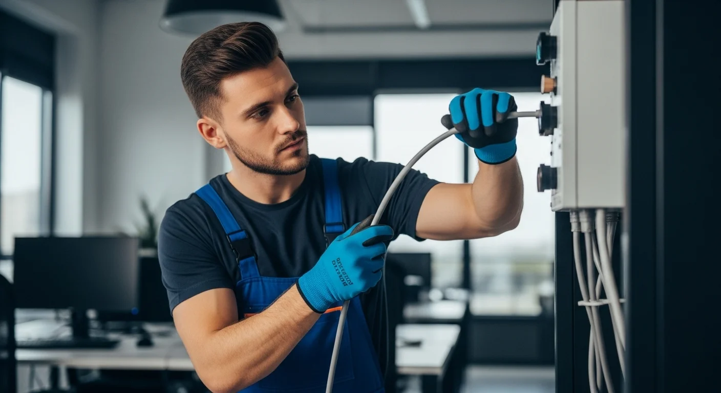 Una imagen de un técnico instalando un cable para luz de casa de calibre grueso en una oficina moderna, simbolizando la seguridad eléctrica para computadoras y tecnología.