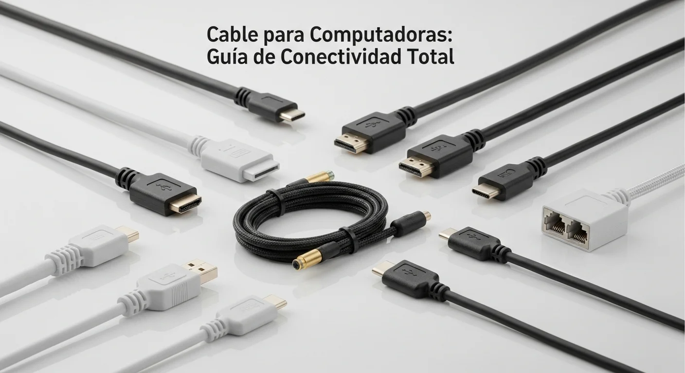 Colección de diferentes tipos de cables para computadoras, incluyendo HDMI, USB-C, y cables de red.