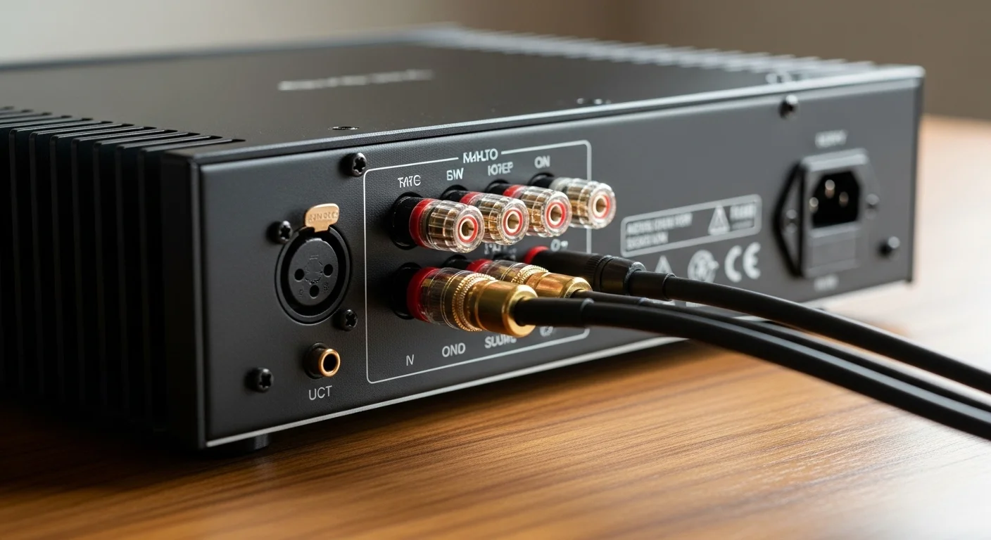 Primer plano de los terminales de altavoz en la parte trasera de un amplificador de sonido, mostrando cables de alta calidad firmemente conectados.