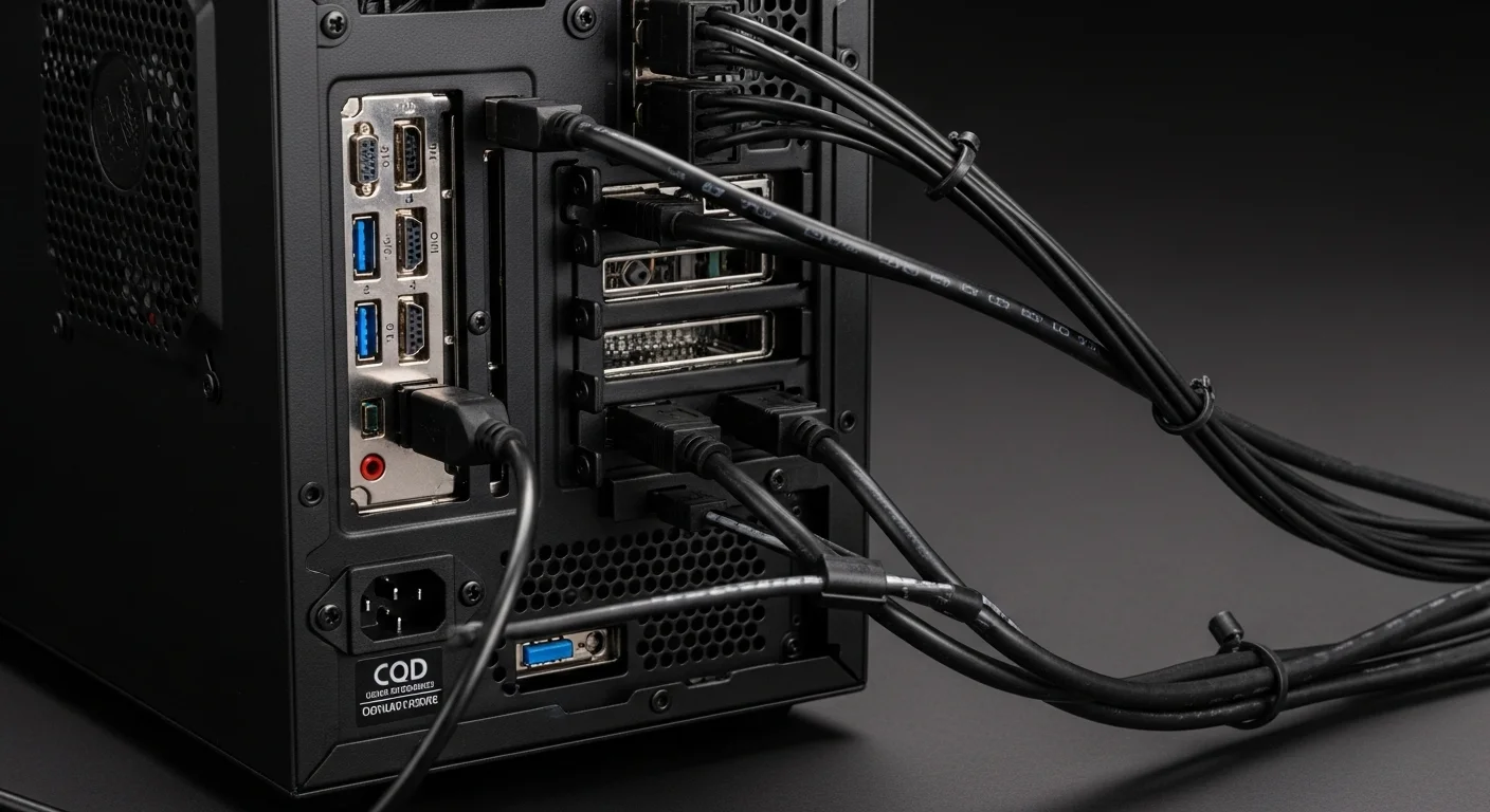 Parte trasera de una torre de computadora mostrando múltiples cables pc conectados: HDMI, DisplayPort, USB y un cable de corriente pc.