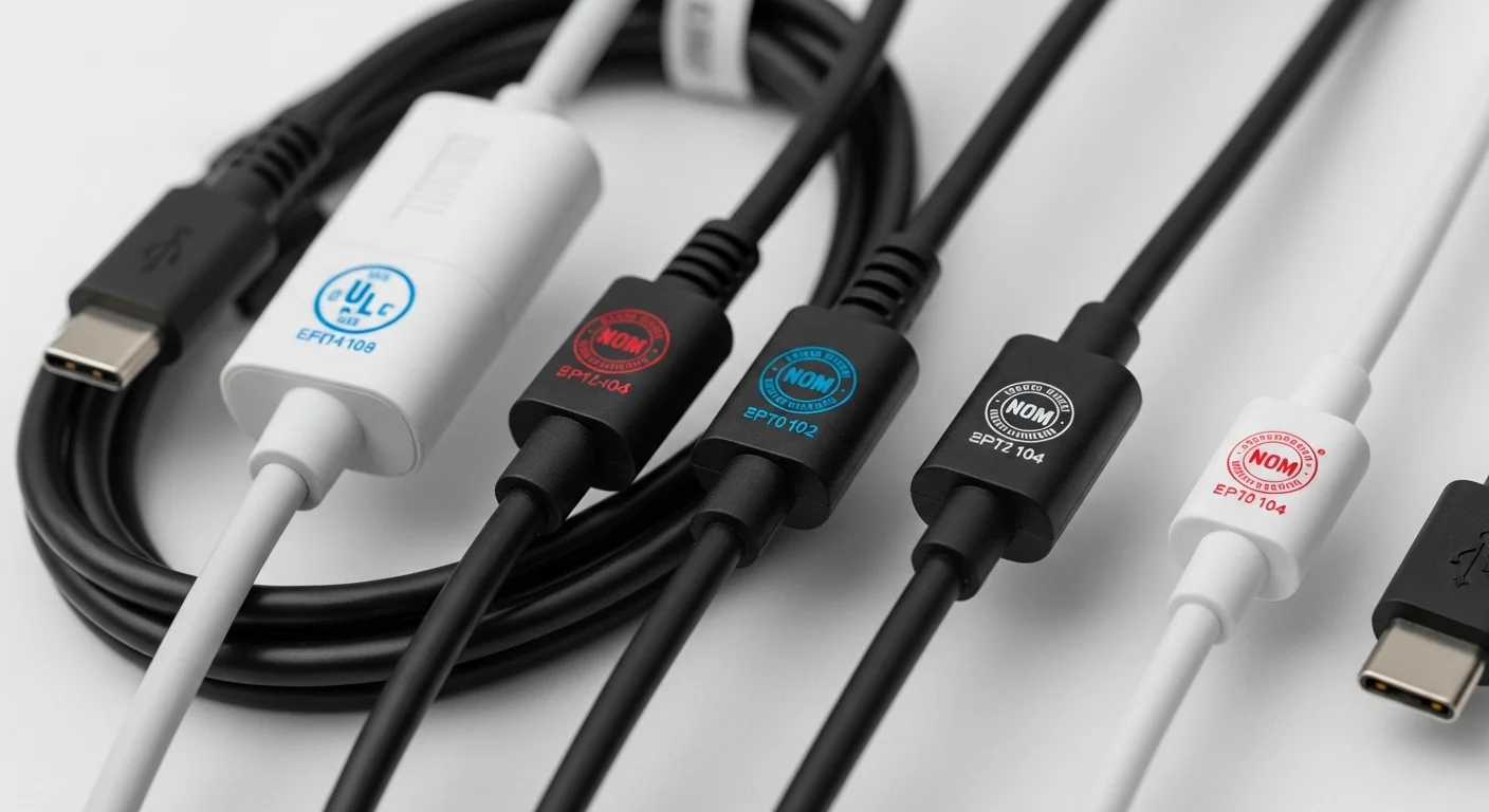 Primer plano de varios cables de alimentación y USB-C con sellos de certificación UL y NOM visibles, destacando la importancia de la seguridad eléctrica en la tecnología.
