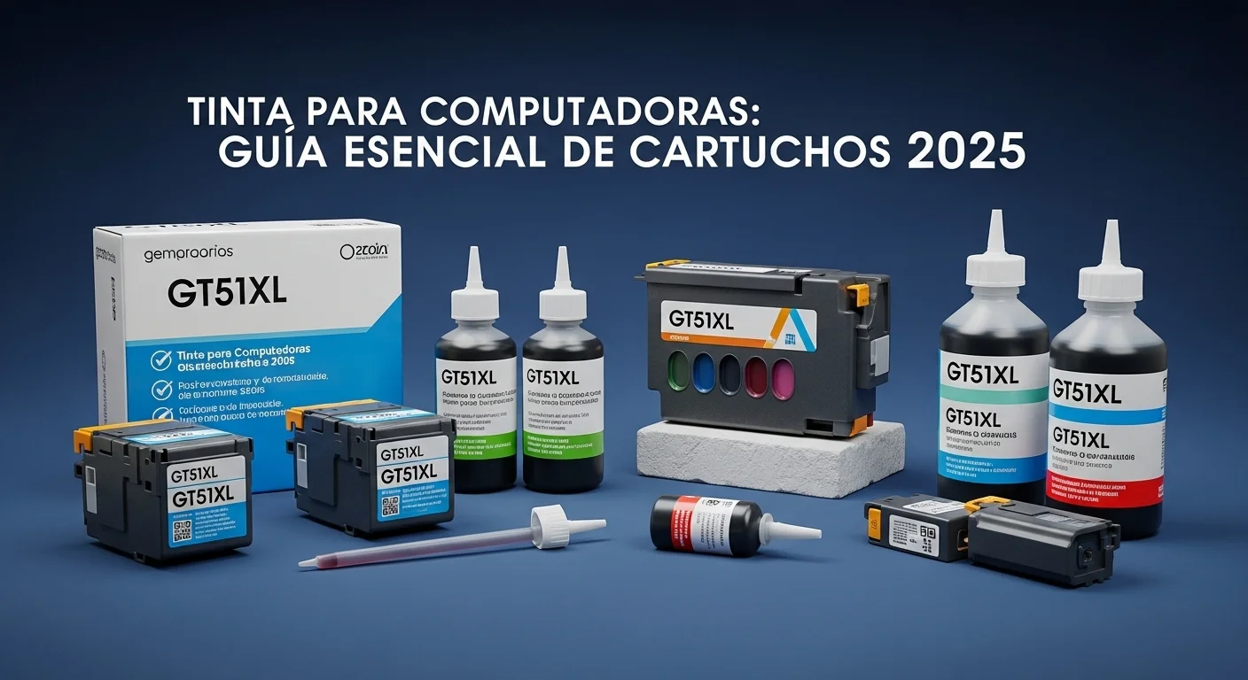Una selección de diferentes cartuchos de tinta y botellas de recarga, incluyendo modelos como la tinta gt51xl para sistemas de tanque.