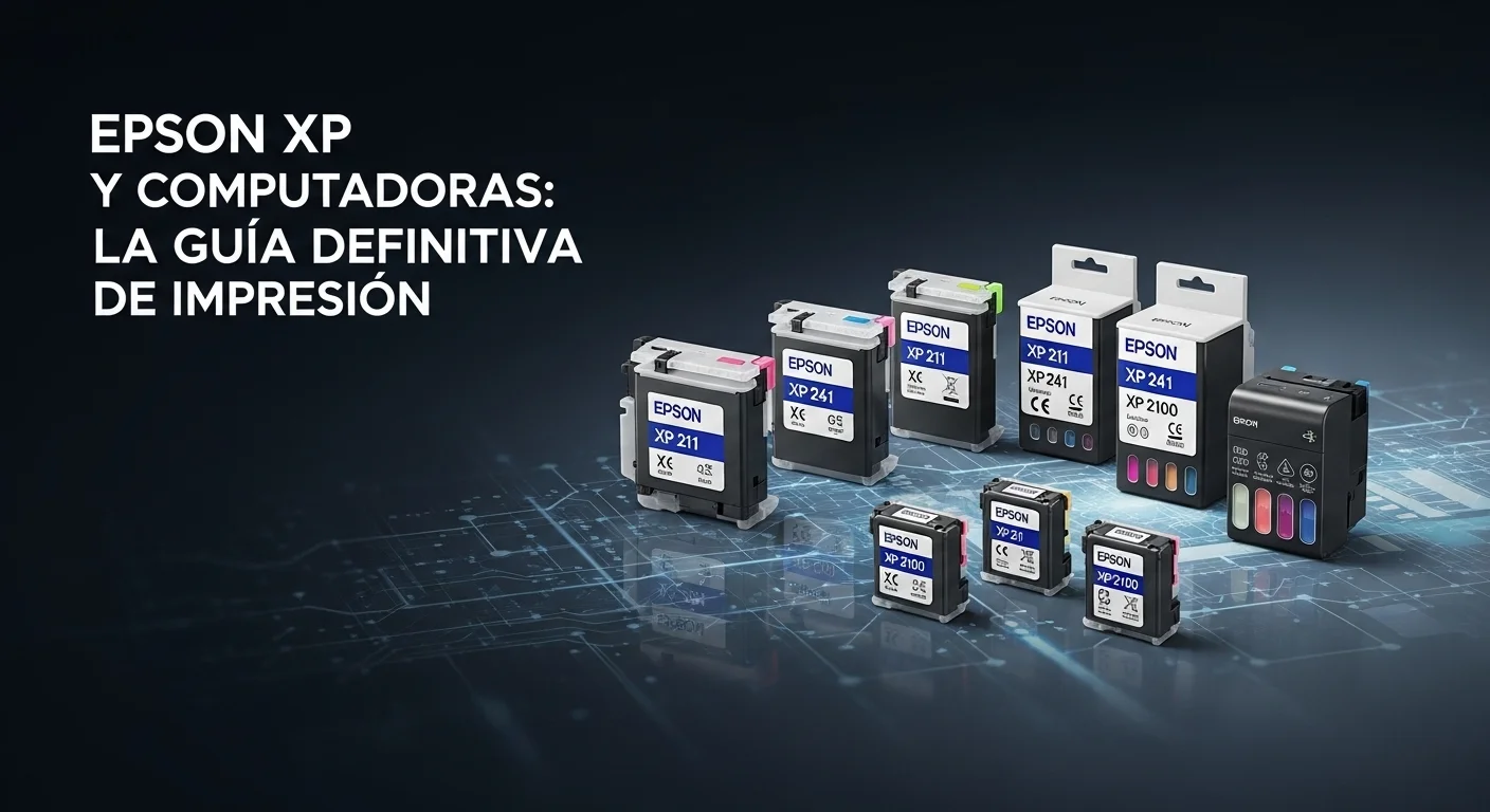 Una colección de diferentes cartuchos de tinta para la serie Epson XP, incluyendo los de los modelos xp 211, xp 241 y xp 2100, sobre un fondo tecnológico.