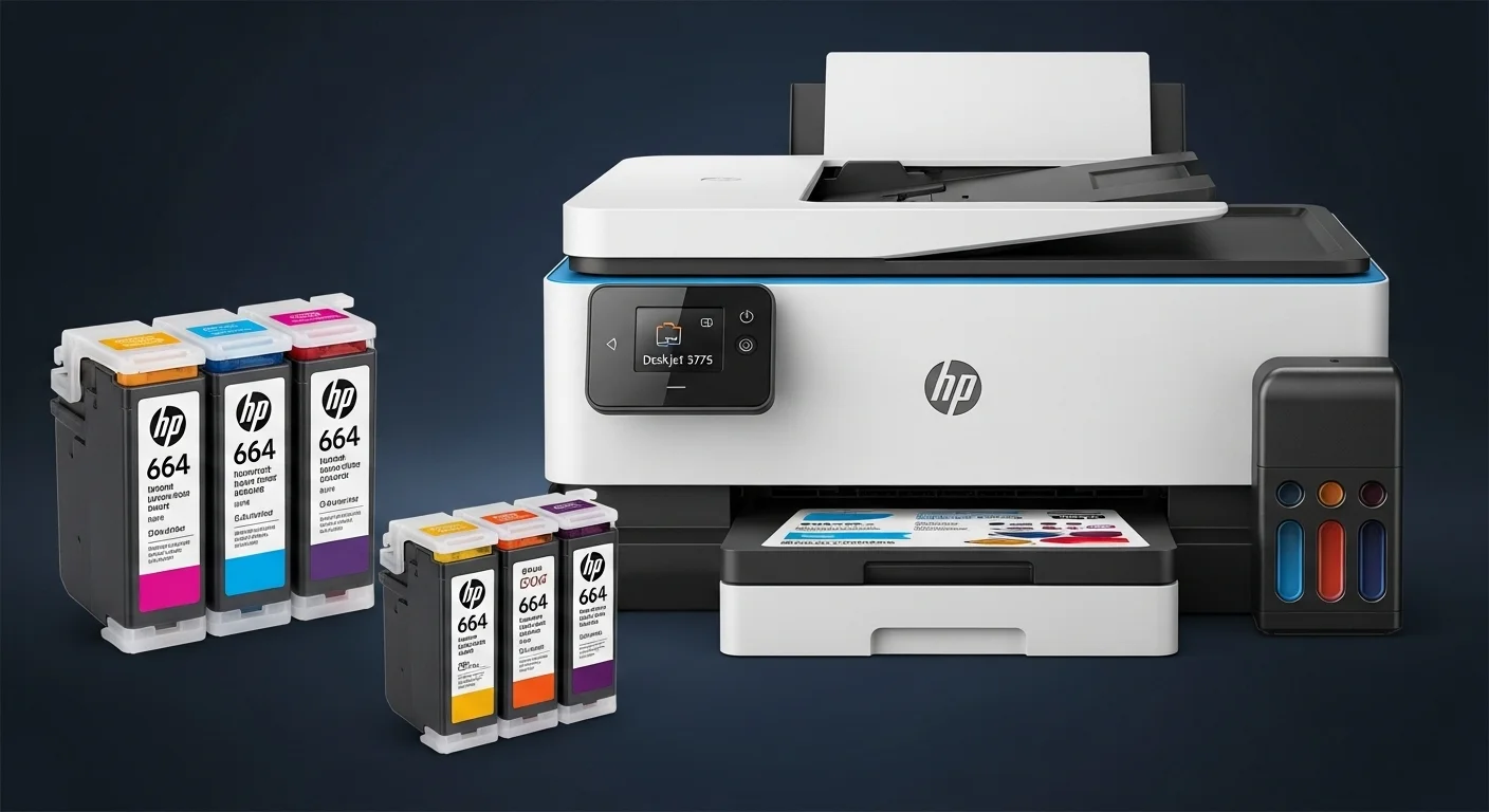 Primer plano de los cartuchos de tinta HP 664 junto a la impresora Deskjet 3775, un accesorio clave para computadoras y tareas de impresión.