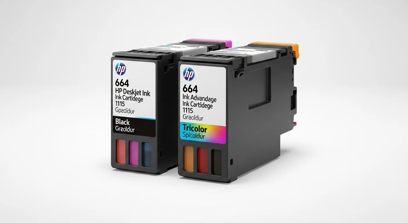 Cartuchos de tinta HP 664 negro y tricolor para la impresora HP Deskjet Ink Advantage 1115, mostrando los consumibles clave para equipos de oficina.