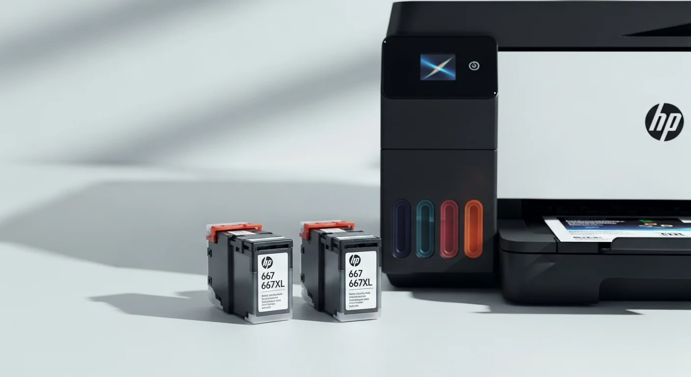 Primer plano de los cartuchos de tinta HP 667 y 667XL junto a la impresora Hp Advantage 2375, destacando los consumibles.