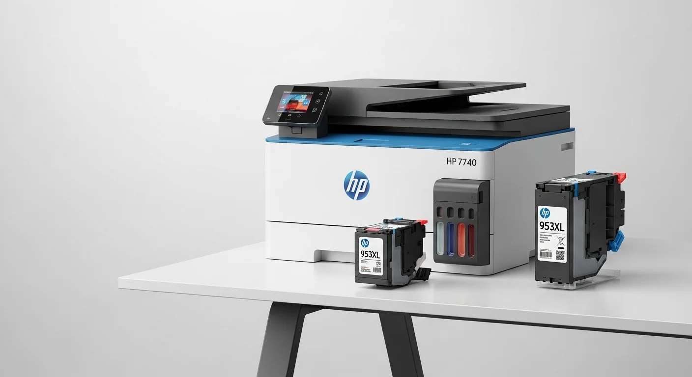Juego de cartuchos de tinta hp 953XL de alto rendimiento para la impresora hp 7740, destacando la eficiencia en costos para computadoras de oficina.