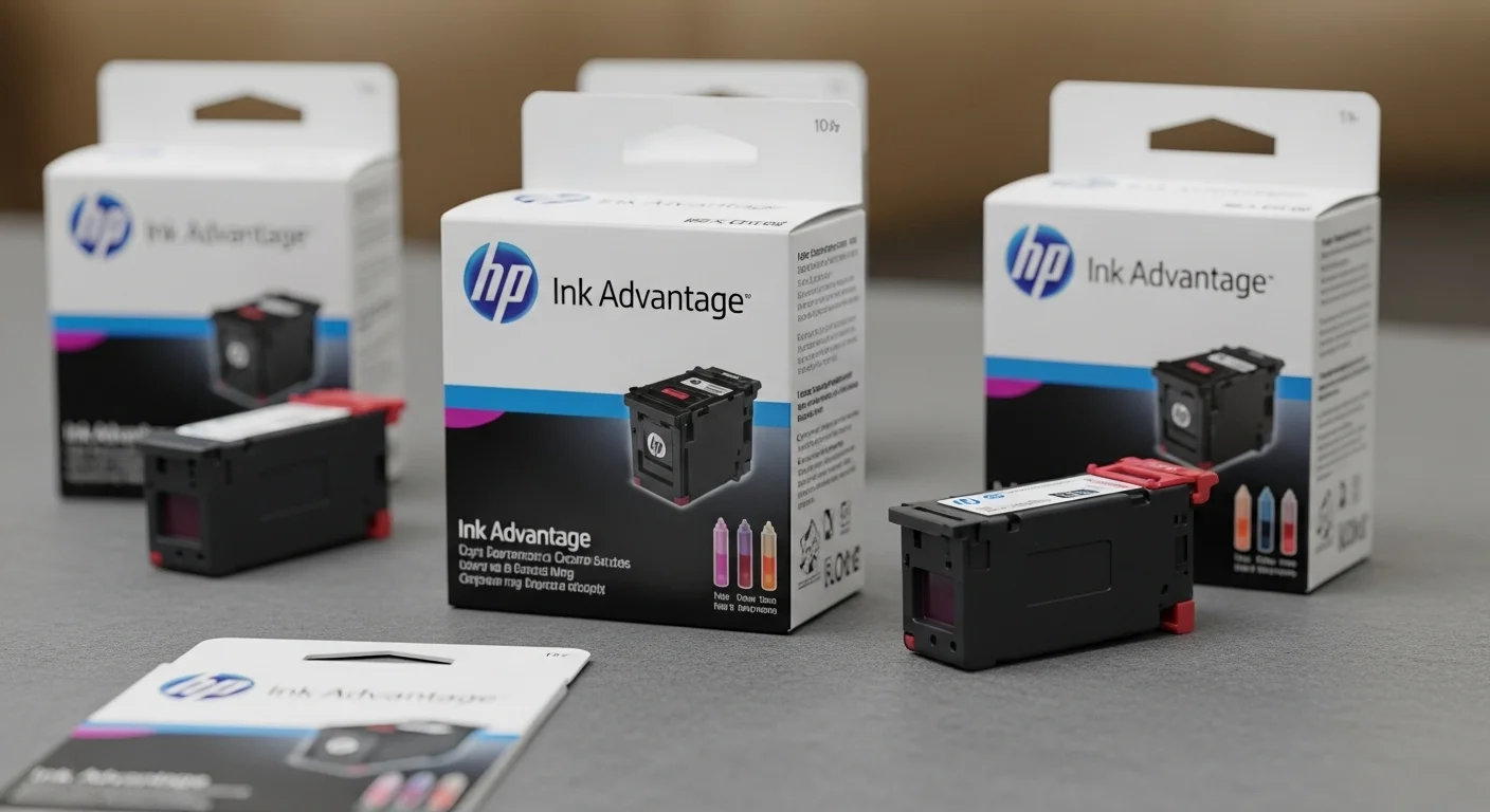 Primer plano de varios cartuchos de tinta HP Ink Advantage mostrando el empaque y el logo, simbolizando economía y rendimiento.