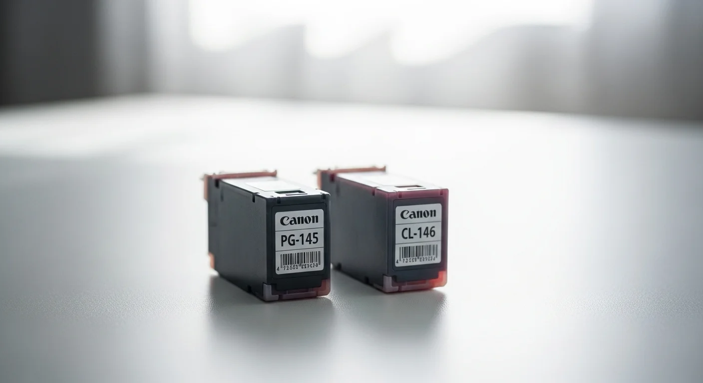 Primer plano de los cartuchos de tinta Canon PG-145 negro y CL-146 color, consumibles esenciales para la impresora Canon MG2410.