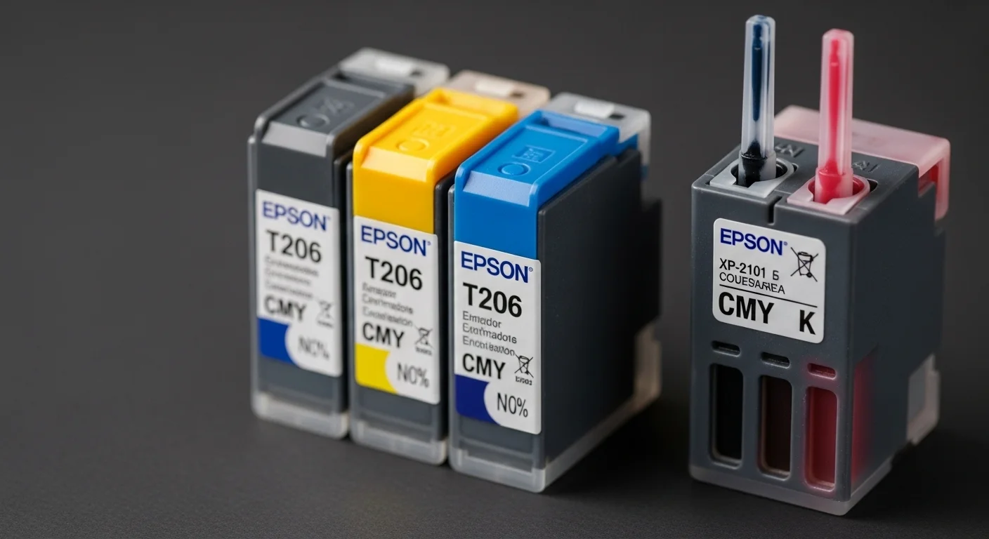 Primer plano de los cartuchos de tinta Epson T206 para la impresora Epson XP-2101, destacando los colores individuales CMYK.