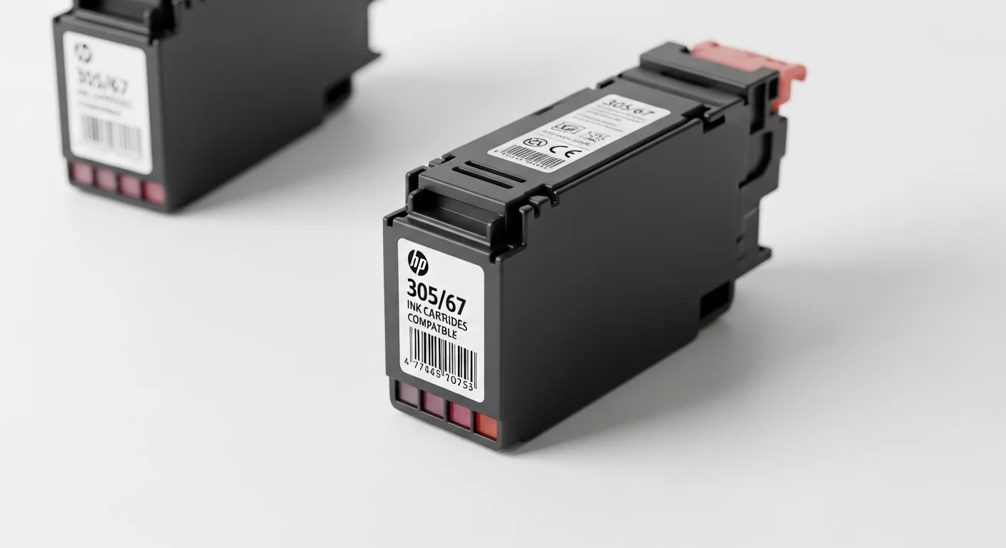 Primer plano de los cartuchos de tinta HP 305/67 compatibles con la impresora HP Deskjet 2700.