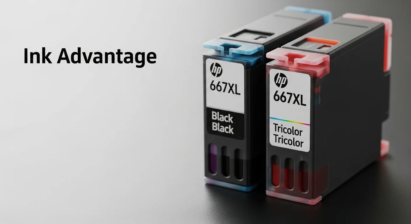 Primer plano de los cartuchos de tinta HP 667XL, negro y tricolor, consumibles clave para la impresora HP 2374, mostrando el concepto Ink Advantage y su relación con el rendimiento.