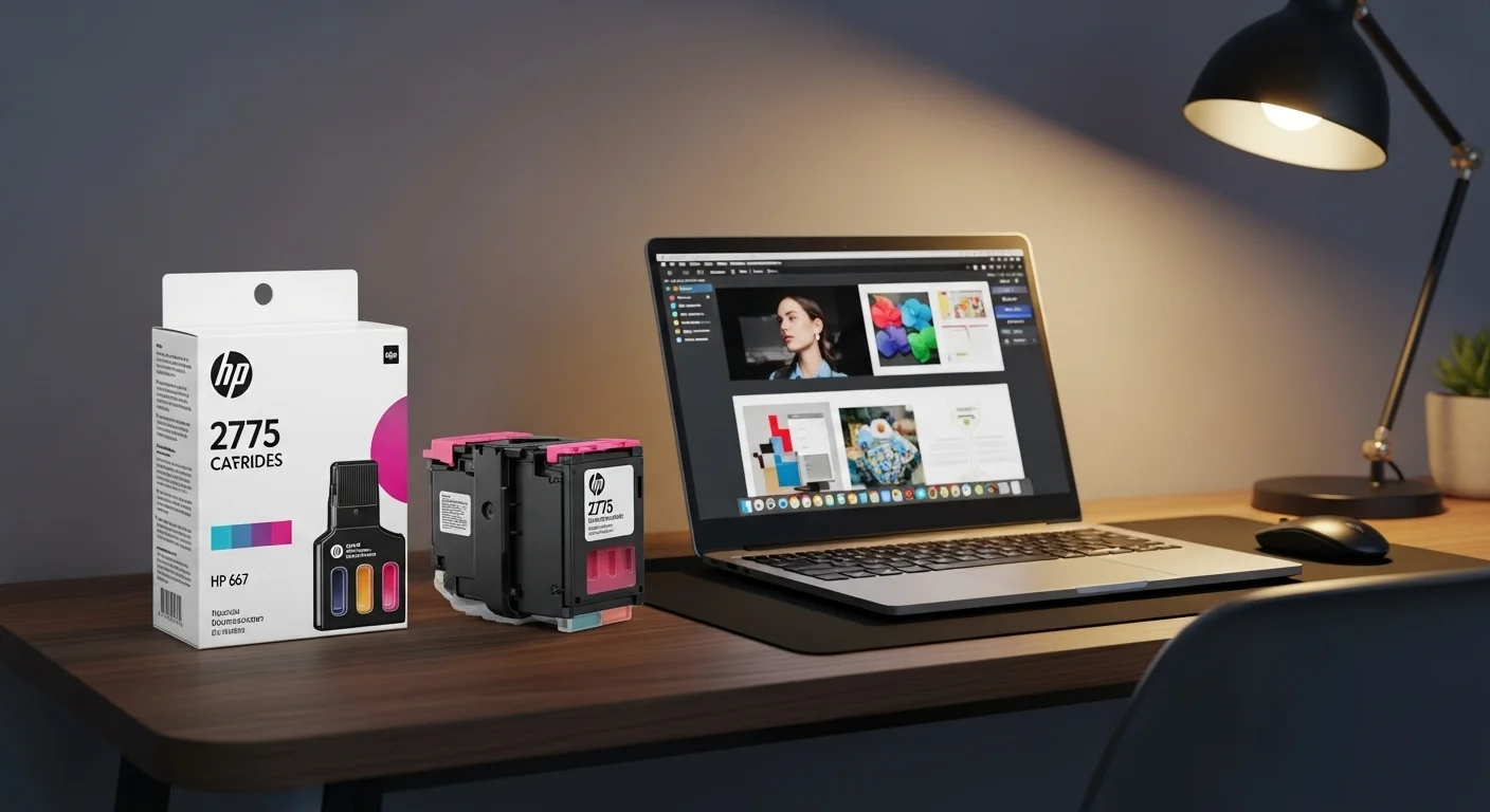 Cartuchos de tinta para HP 2775, modelo HP 667, colocados sobre un escritorio junto a una laptop.