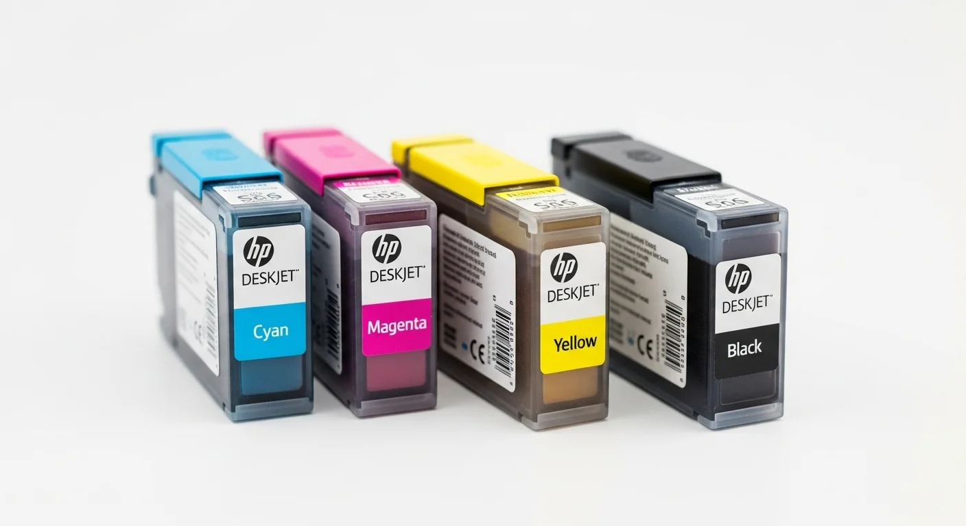 Primer plano de cartuchos de tinta para una impresora HP Deskjet, mostrando los colores cian, magenta, amarillo y negro, listos para ser instalados.