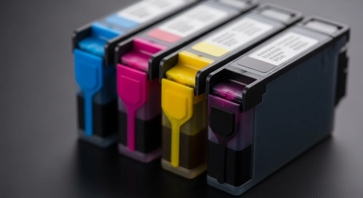 Primer plano de cartuchos de tinta inkjet de colores (cian, magenta, amarillo, negro) listos para la impresión inkjet de alta calidad.