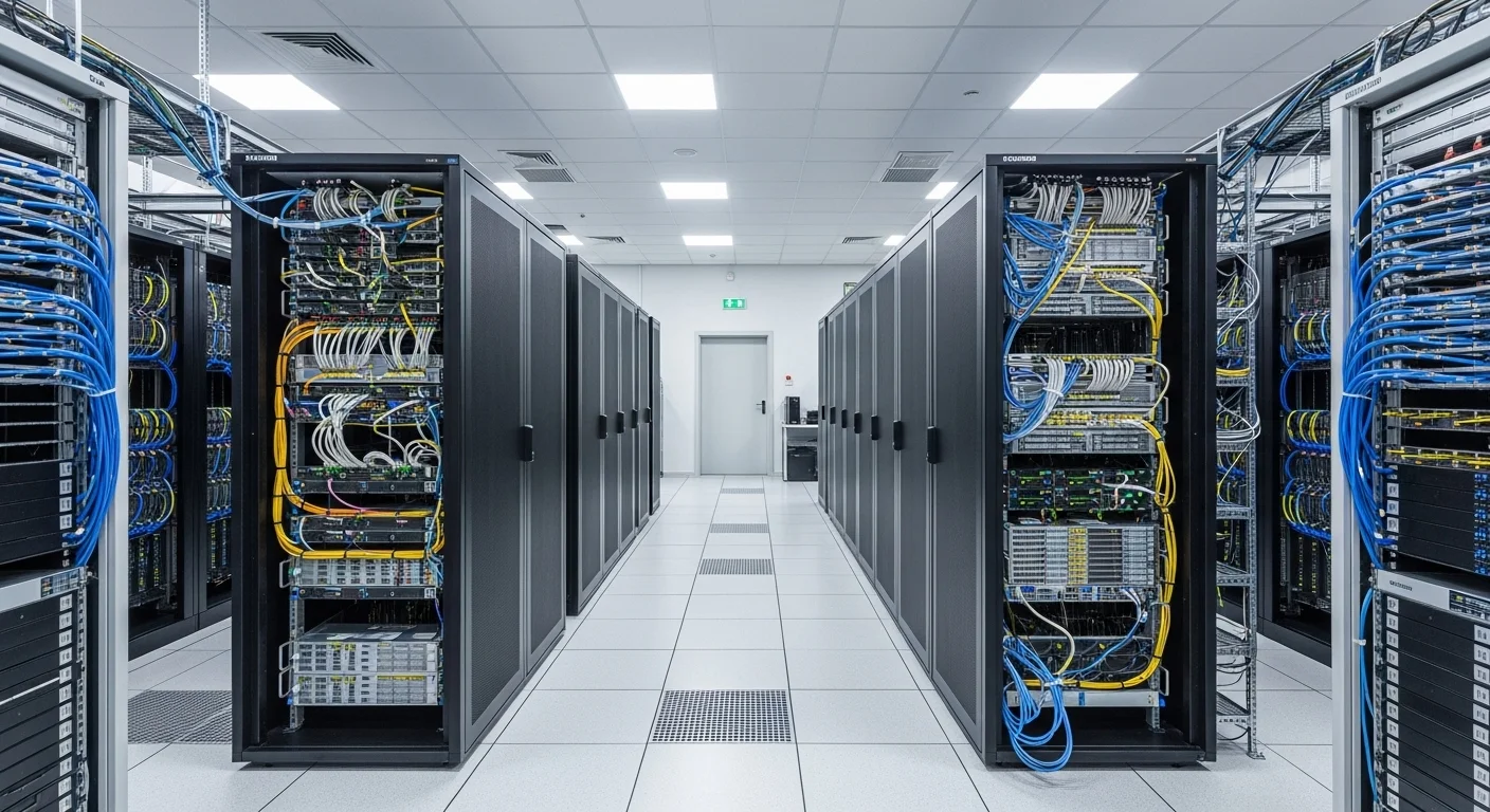 Vista de un pasillo de un centro de datos con racks de servidores y cableado estructurado visible