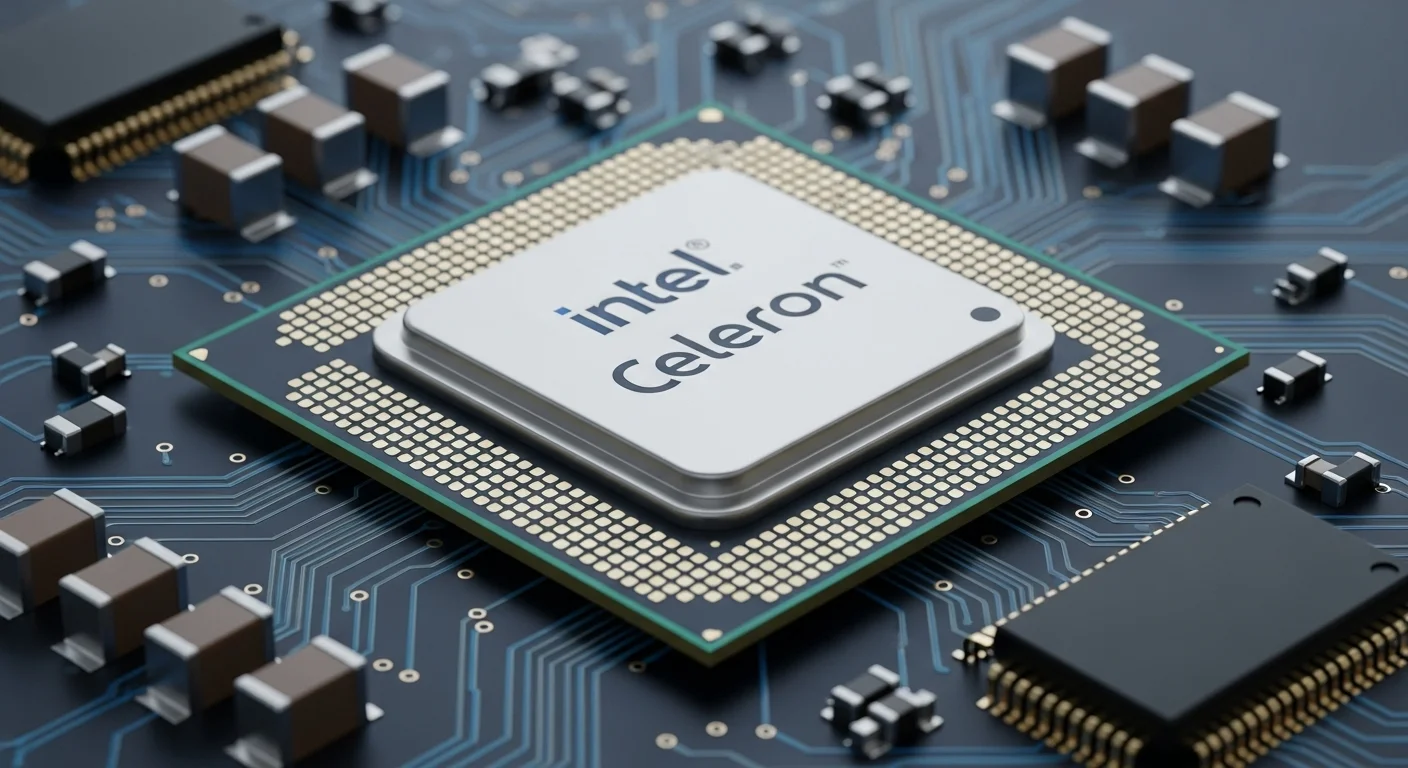 Primer plano de un microchip procesador Intel Celeron, mostrando la tecnología detrás de las computadoras económicas.