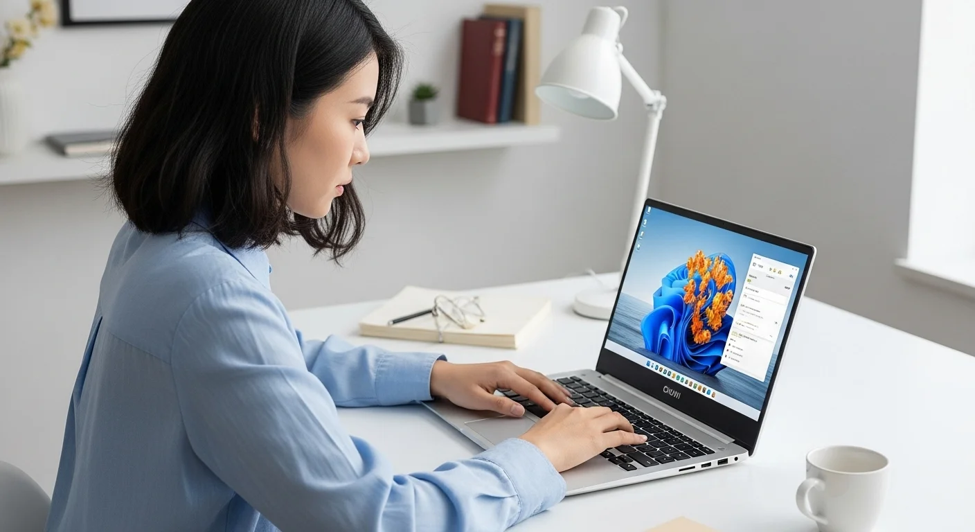 Un usuario trabajando en una Chuwi laptop, destacando la calidad de la pantalla y el diseño del teclado.