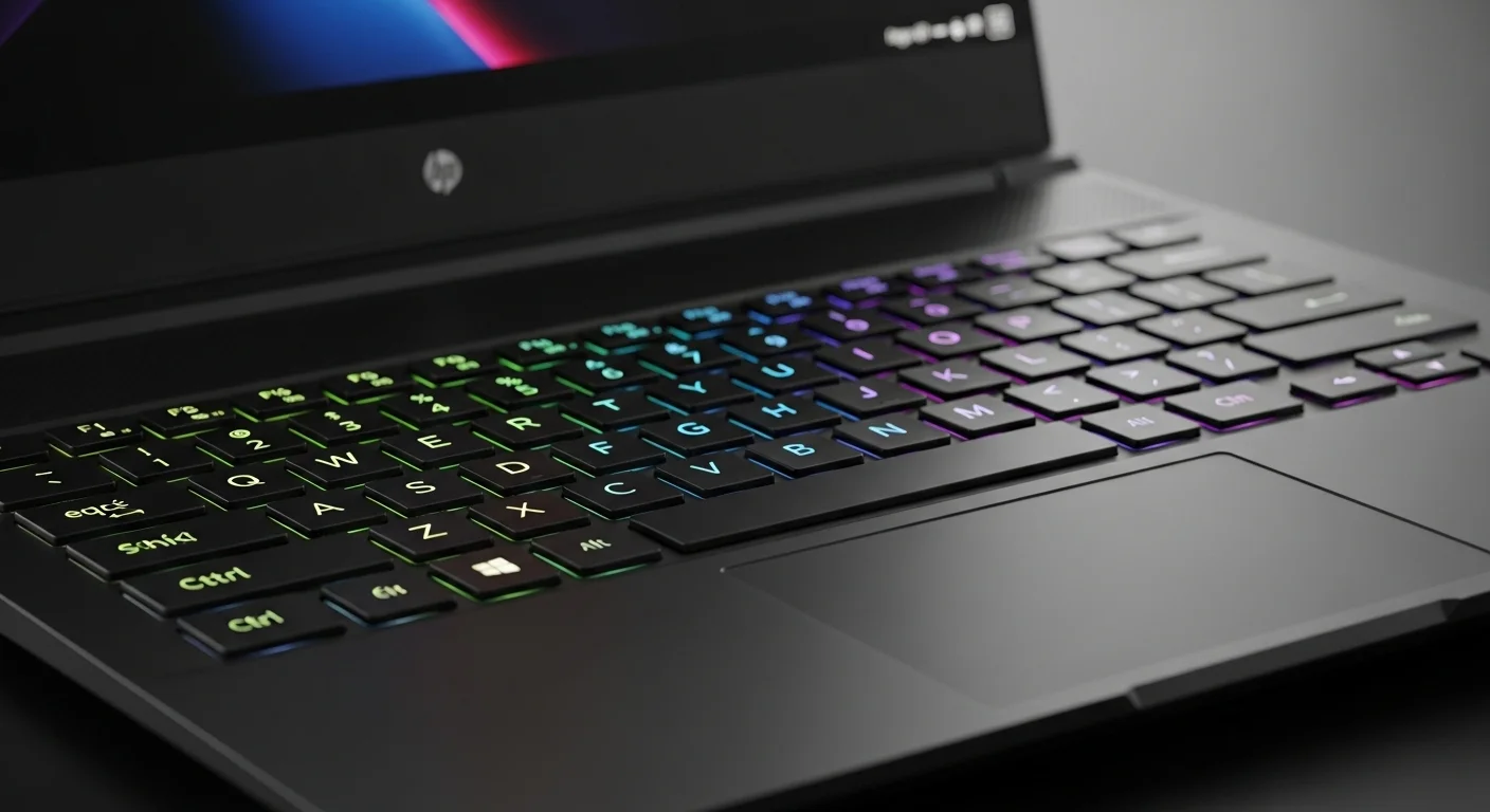 Un primer plano del teclado retroiluminado de una computadora portátil HP Pavilion Gaming 15, destacando su diseño enfocado en los videojuegos y la tecnología.