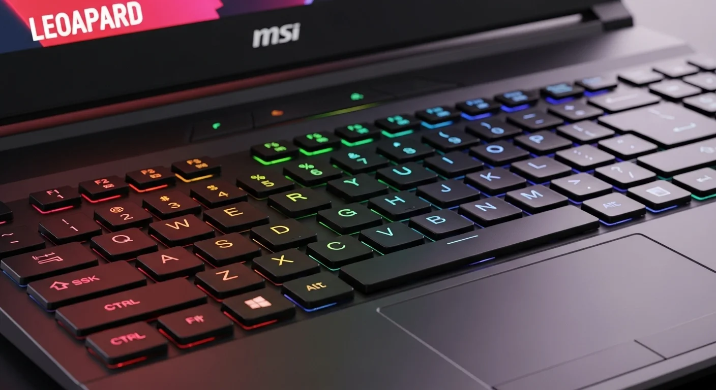 Primer plano del teclado SteelSeries de una laptop MSI Leopard, con las teclas WASD resaltadas por la iluminación RGB personalizable.