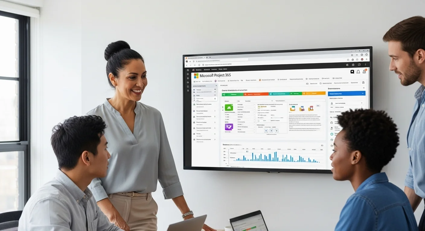 Un equipo de trabajo colaborando frente a una pantalla grande que muestra un panel de Microsoft Project 365, destacando las capacidades de nube y trabajo en equipo.