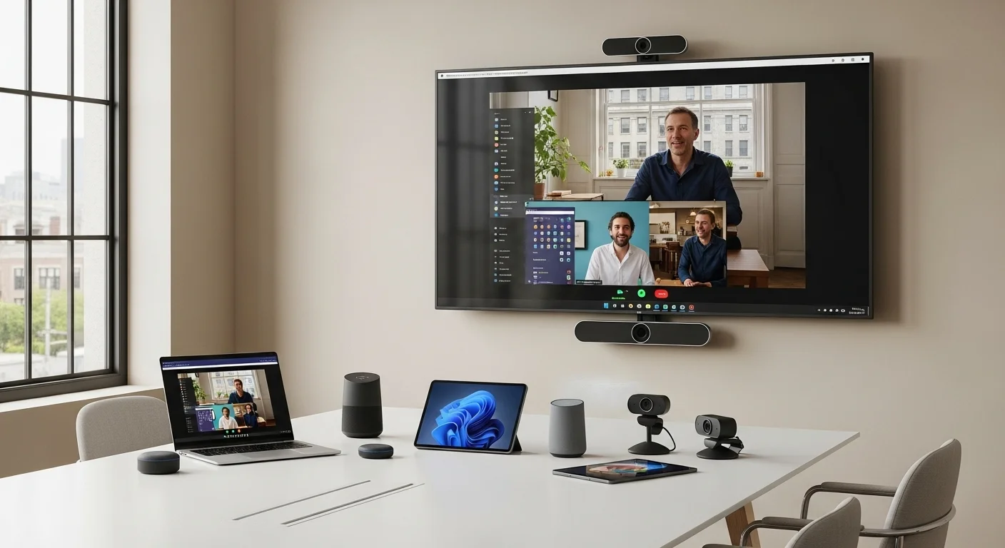 Sala de reuniones equipada con una pantalla grande mostrando una videoconferencia de Microsoft Teams, con varios accesorios tecnológicos sobre la mesa.