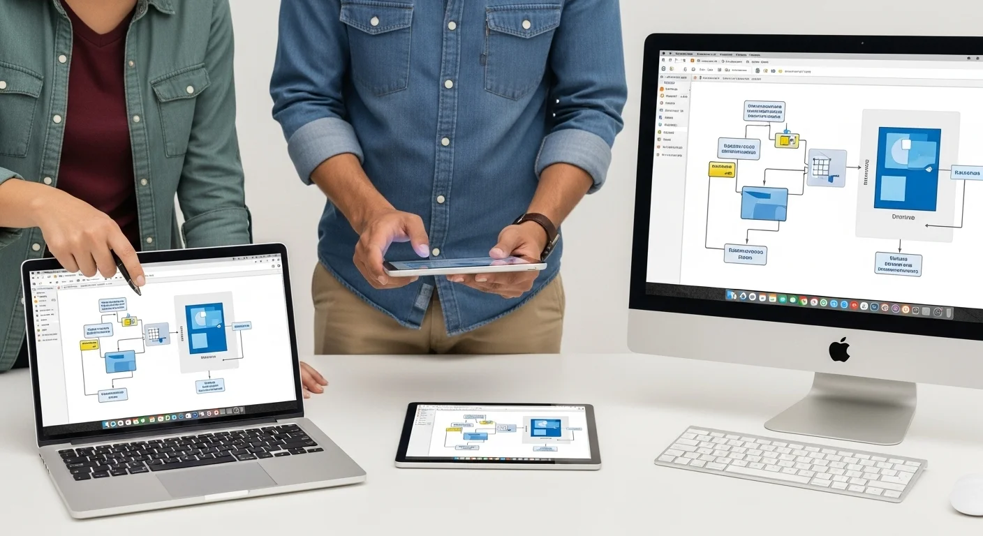 Un equipo colaborando en un diagrama de Microsoft Visio Online en diferentes dispositivos: una laptop, una tablet y una computadora Mac, ilustrando la flexibilidad multiplataforma.