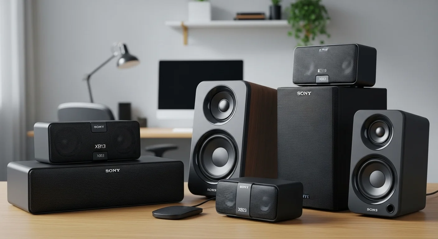 Varios modelos de la serie de bocinas Sony SRS, incluyendo la XB13, XB23, y XP700, mostrando la variedad de tamaños y potencias disponibles.