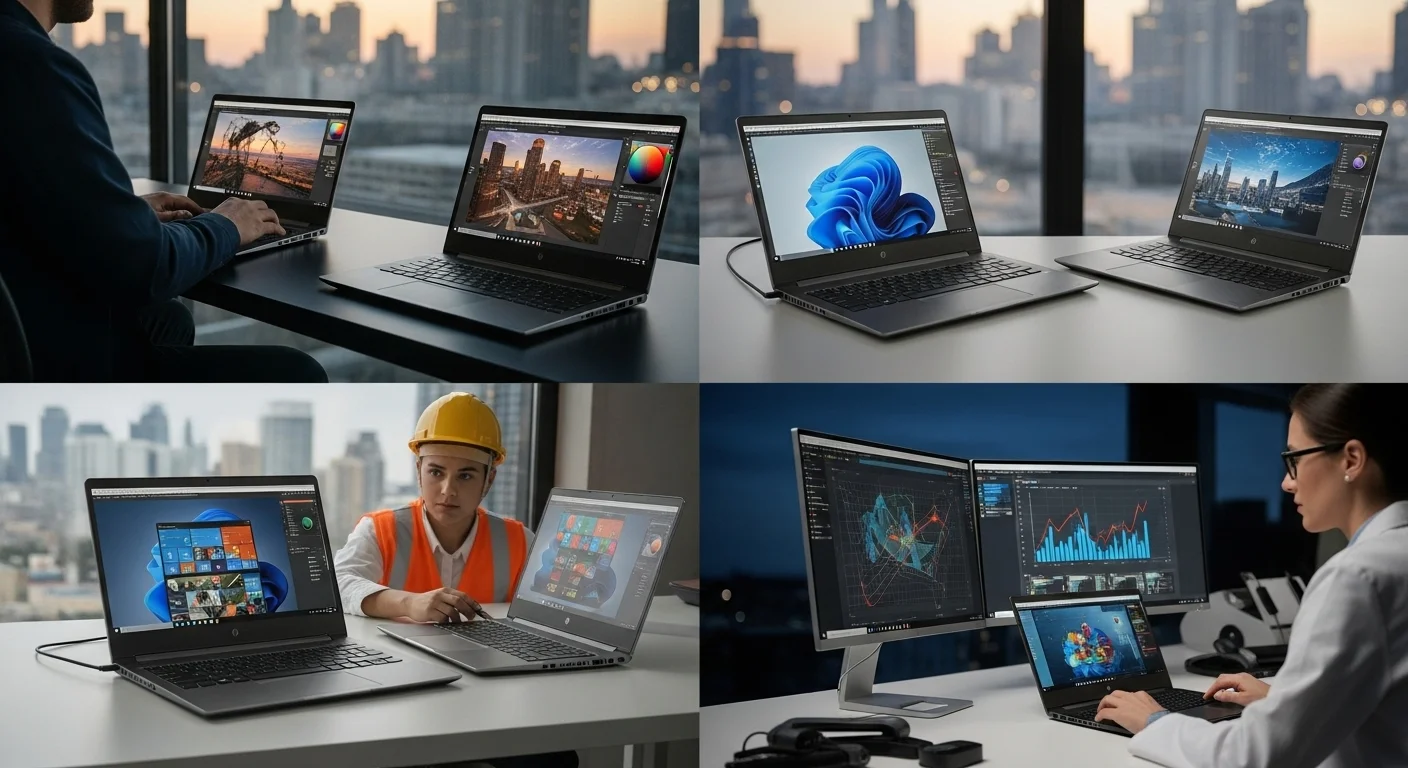 Varios modelos de computadoras HP Zbook, incluyendo Zbook Power y Zbook Fury, mostrando la diversidad de la línea profesional.