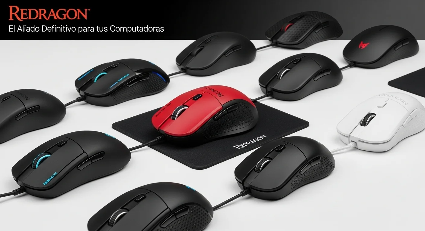 Varios modelos de mouse redragon inalambrico y con cable exhibidos en una superficie limpia, mostrando la diversidad de diseños de la marca para todo tipo de computadoras. [38]