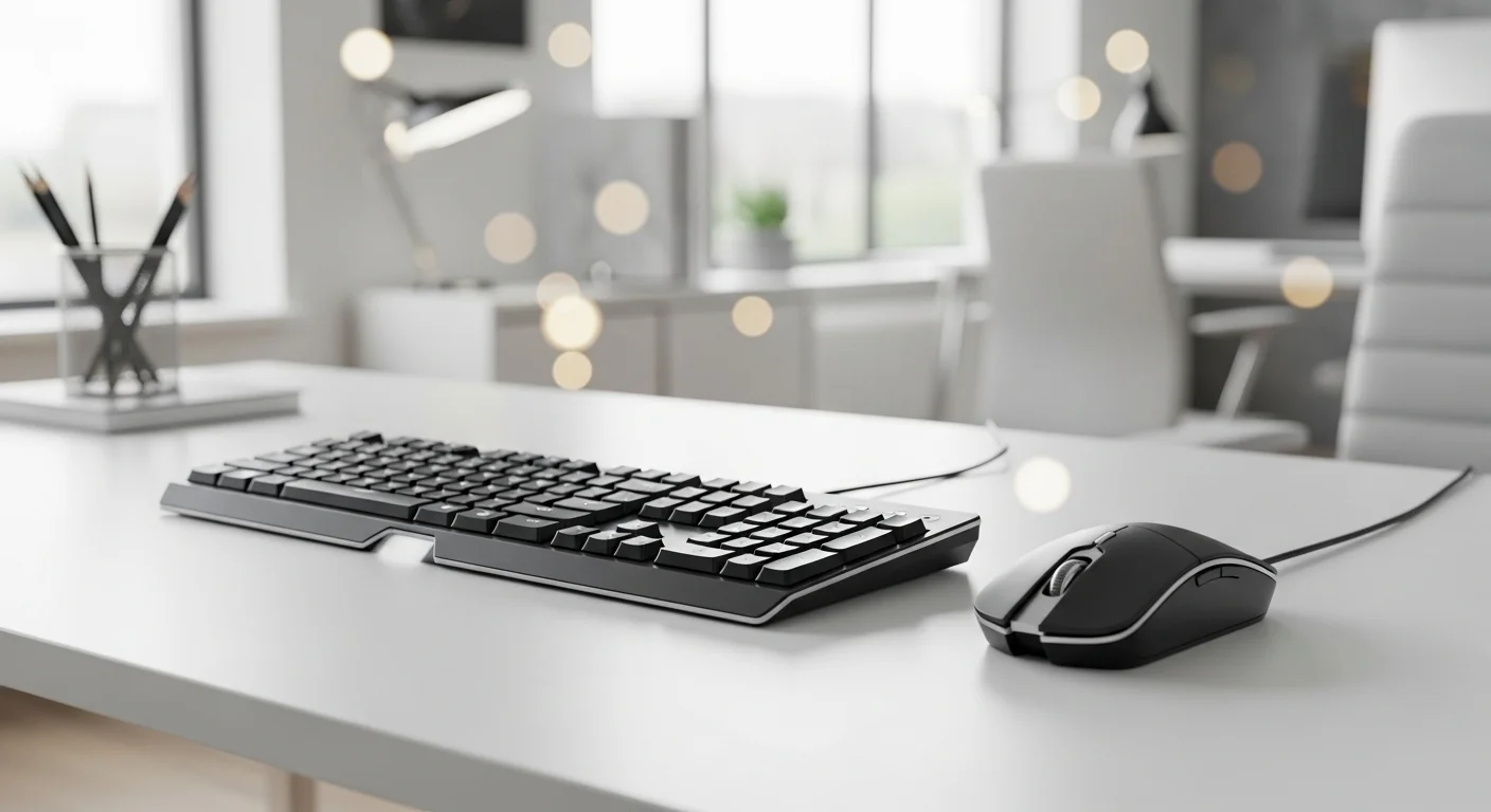 Un kit de teclado y mouse alámbrico de oficina en un entorno de trabajo profesional, destacando la eficiencia y fiabilidad para computadoras.